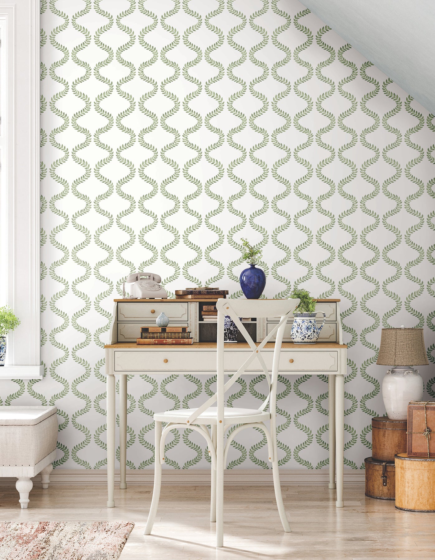 Florentine Vine Trellis Peel and Stick wallpaper in green color - pattern number PSW1574RL - by York in the Mirth Studio Peel and Stick Wallpaper collection