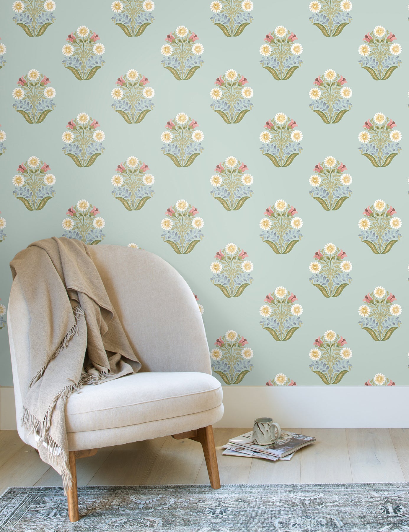 Sophie Floral Medallion Peel and Stick wallpaper in aqua color - pattern number PSW1578RL - by York in the Mirth Studio Peel and Stick Wallpaper collection
