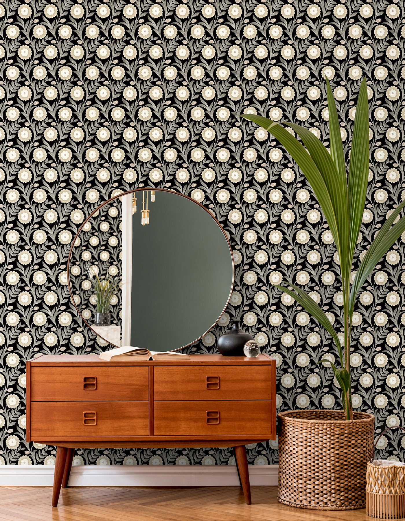 Lillian Floral Vine Peel and Stick wallpaper in black color - pattern number PSW1581RL - by York in the Mirth Studio Peel and Stick Wallpaper collection