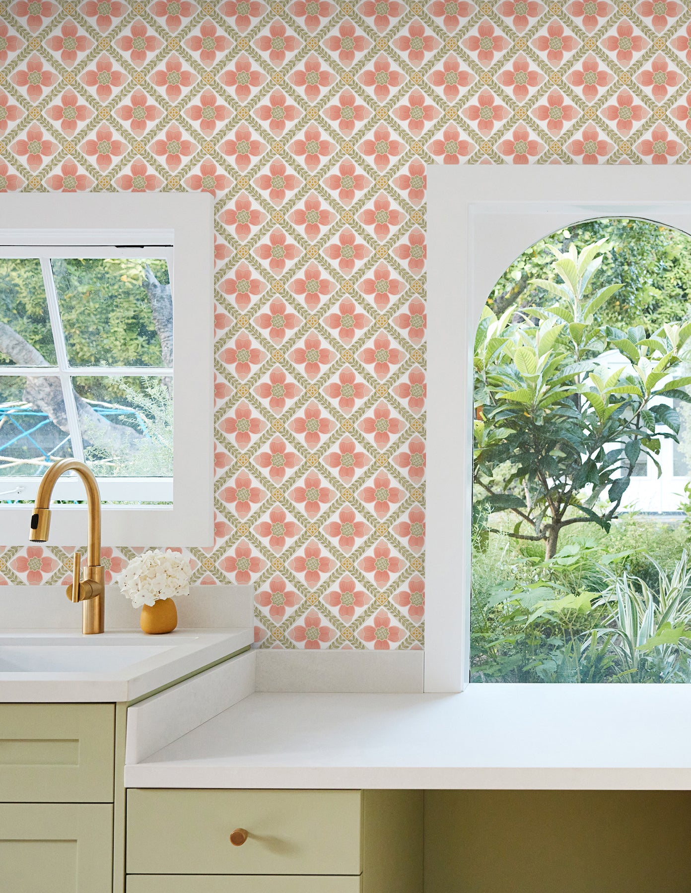 Mimi Quilted Floral Peel and Stick wallpaper in coral color - pattern number PSW1584RL - by York in the Mirth Studio Peel and Stick Wallpaper collection
