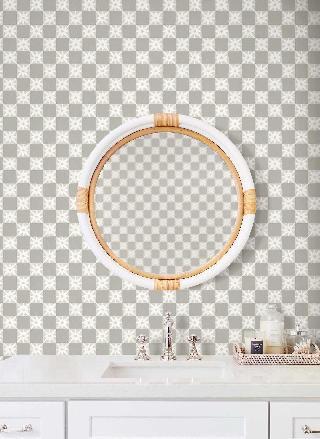 Stardust Checkerboard Peel and Stick wallpaper in warm grey color - pattern number PSW1589RL - by York in the Mirth Studio Peel and Stick Wallpaper collection
