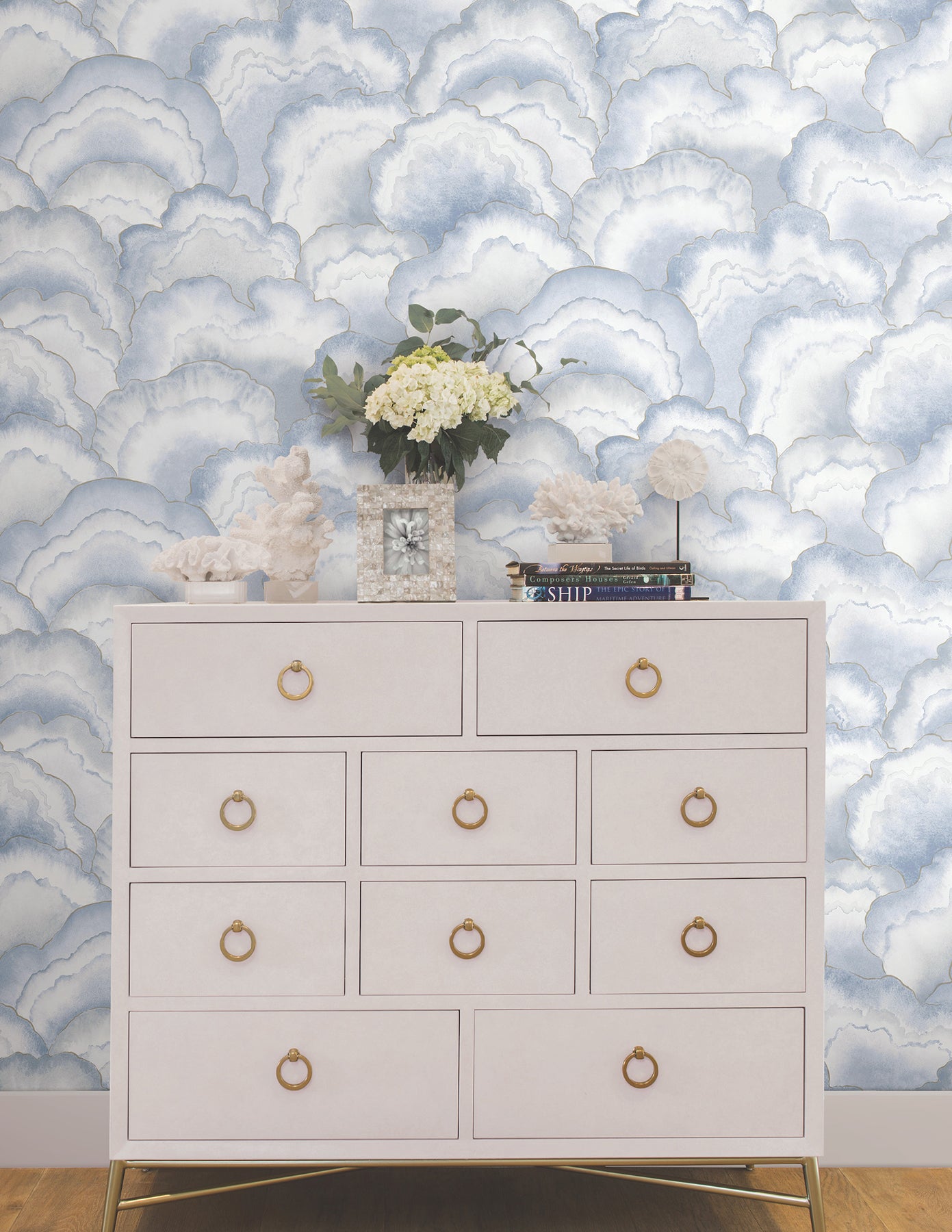 Abalone Fans Peel and Stick wallpaper in blue color - pattern number PSW1616RL - by Candice Olson in the Simply Candice 2 Peel and Stick Wallpaper collection