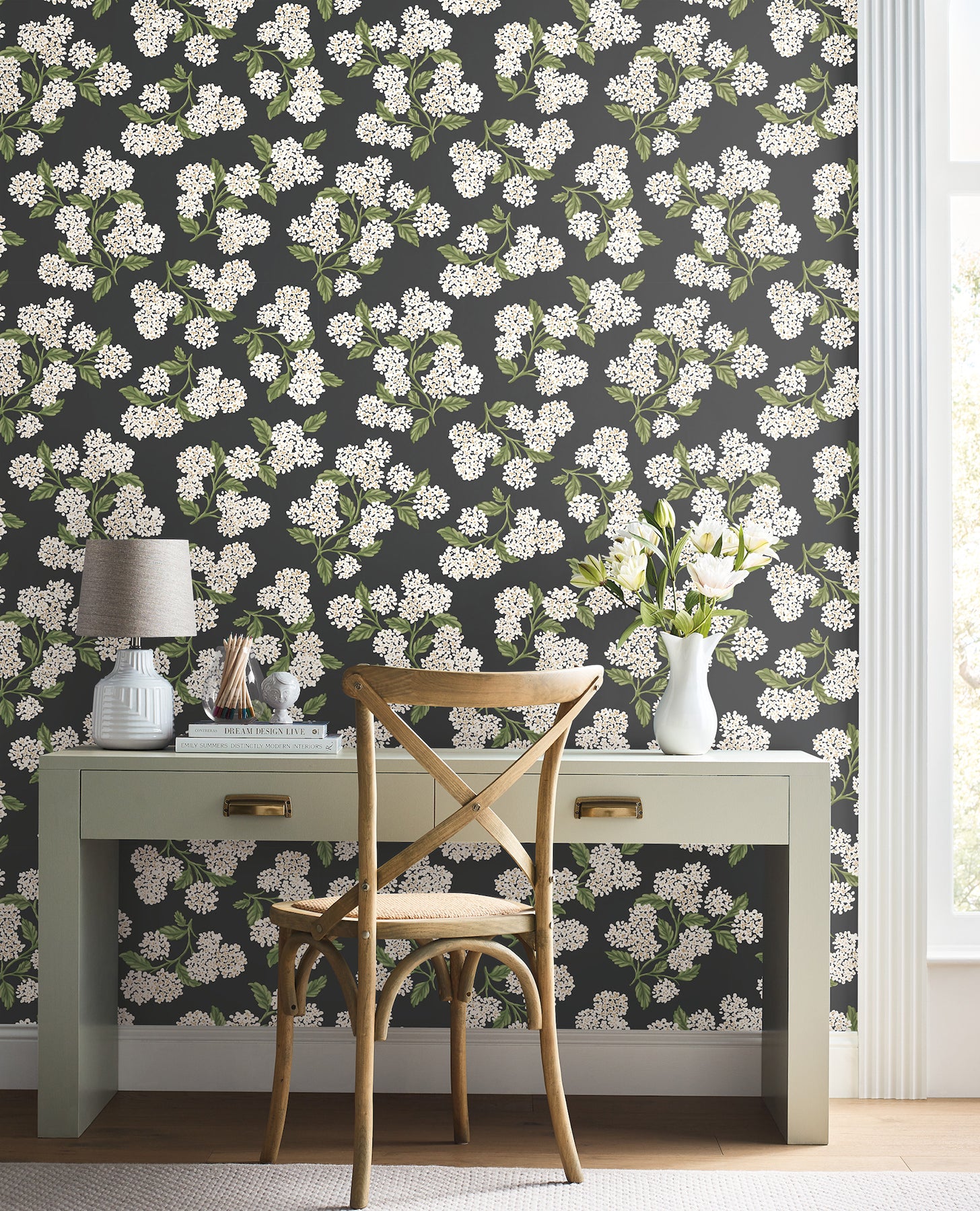 Hydrangea Peel and Stick wallpaper in black &amp; white metallic color - pattern number PSW1618RL - by Rifle Paper Co in the Rifle Paper Co Fourth Edition Peel and Stick Wallpaper collection