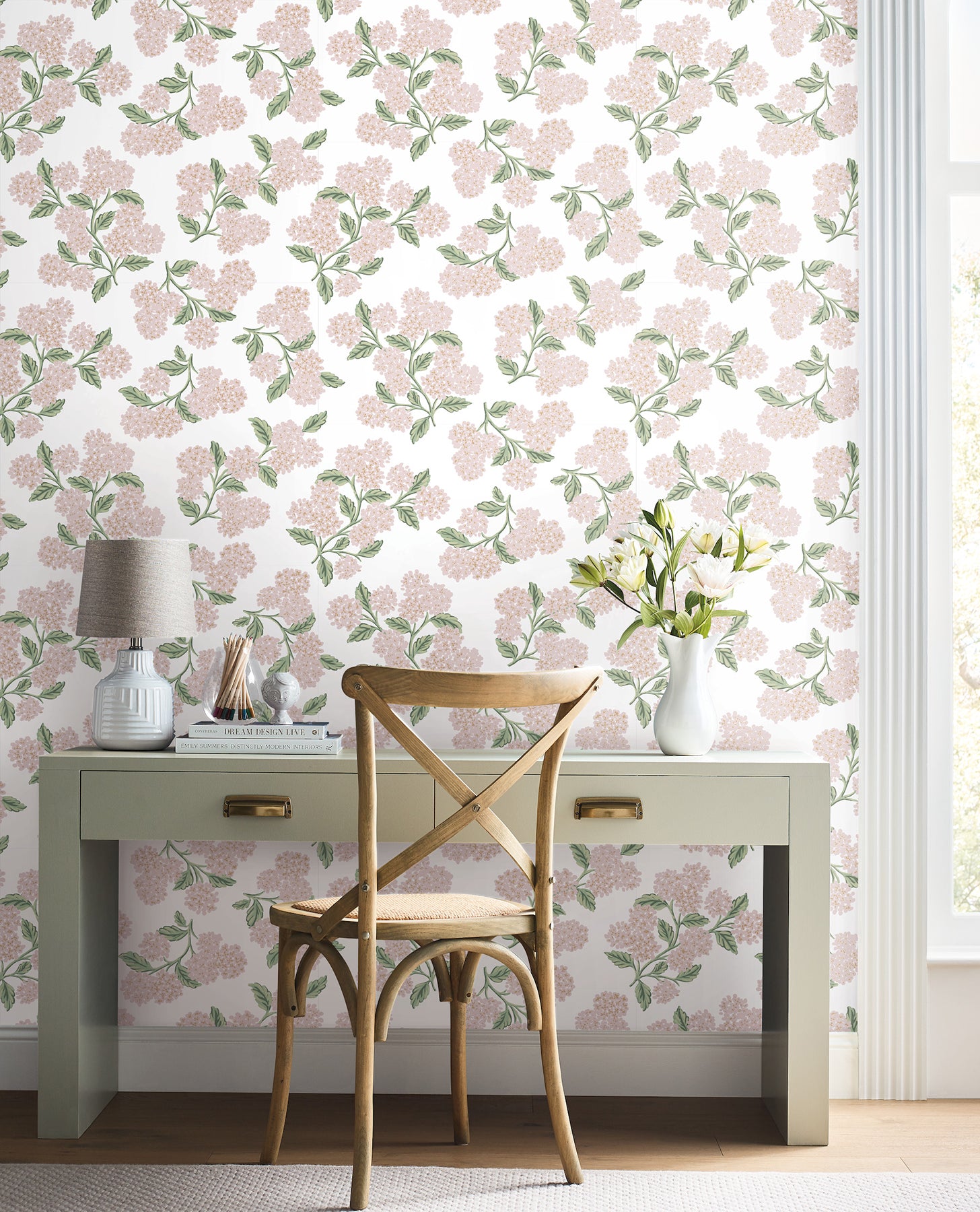 Hydrangea Peel and Stick wallpaper in pink &amp; white metallic color - pattern number PSW1620RL - by Rifle Paper Co in the Rifle Paper Co Fourth Edition Peel and Stick Wallpaper collection