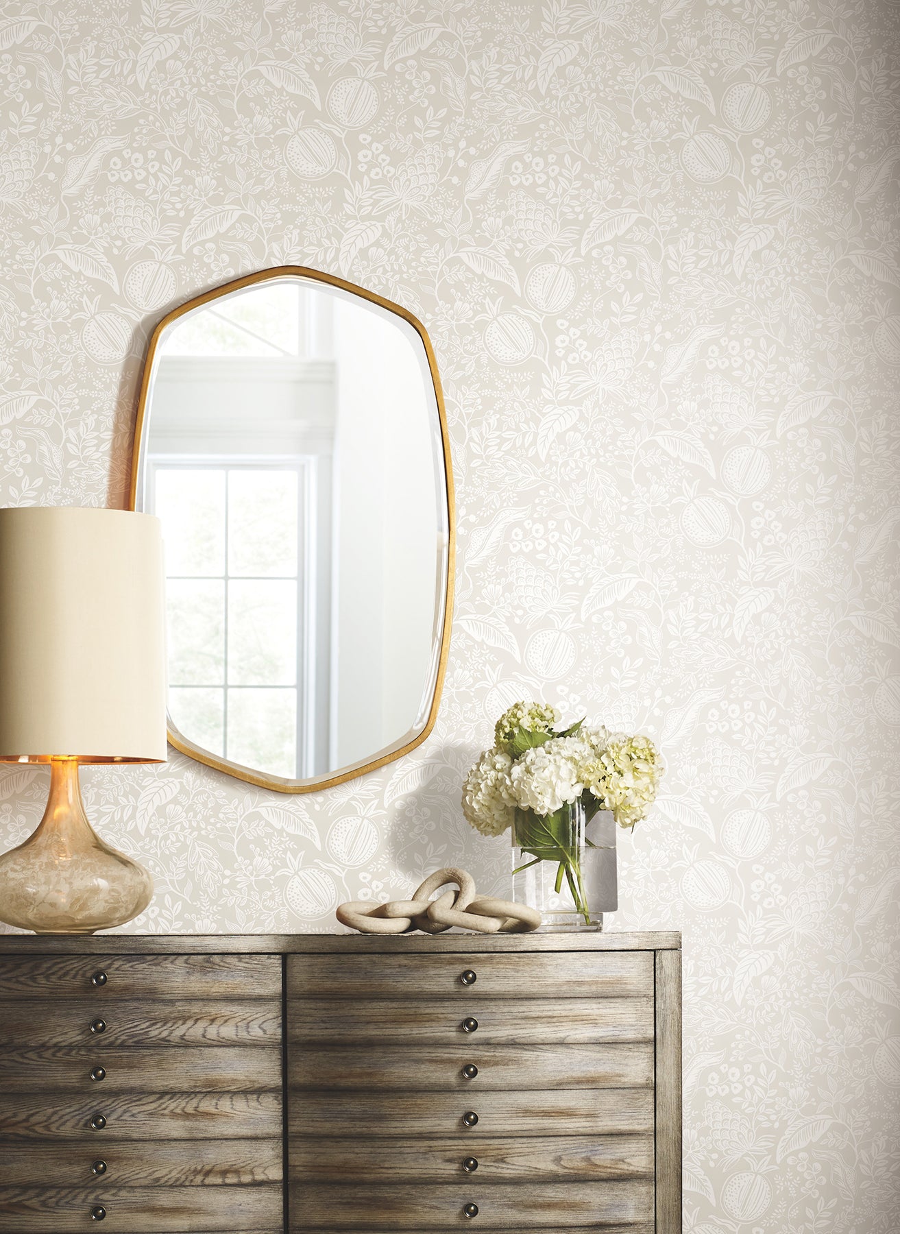 Pomegranate Peel and Stick wallpaper in beige &amp; white color - pattern number PSW1629RL - by Rifle Paper Co in the Rifle Paper Co Fourth Edition Peel and Stick Wallpaper collection