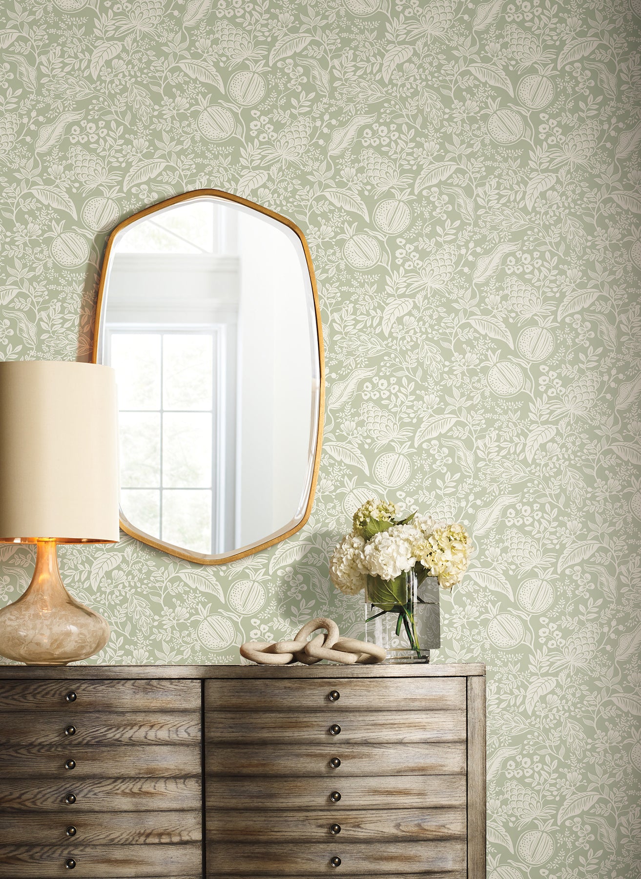 Pomegranate Peel and Stick wallpaper in pistachio color - pattern number PSW1630RL - by Rifle Paper Co in the Rifle Paper Co Fourth Edition Peel and Stick Wallpaper collection