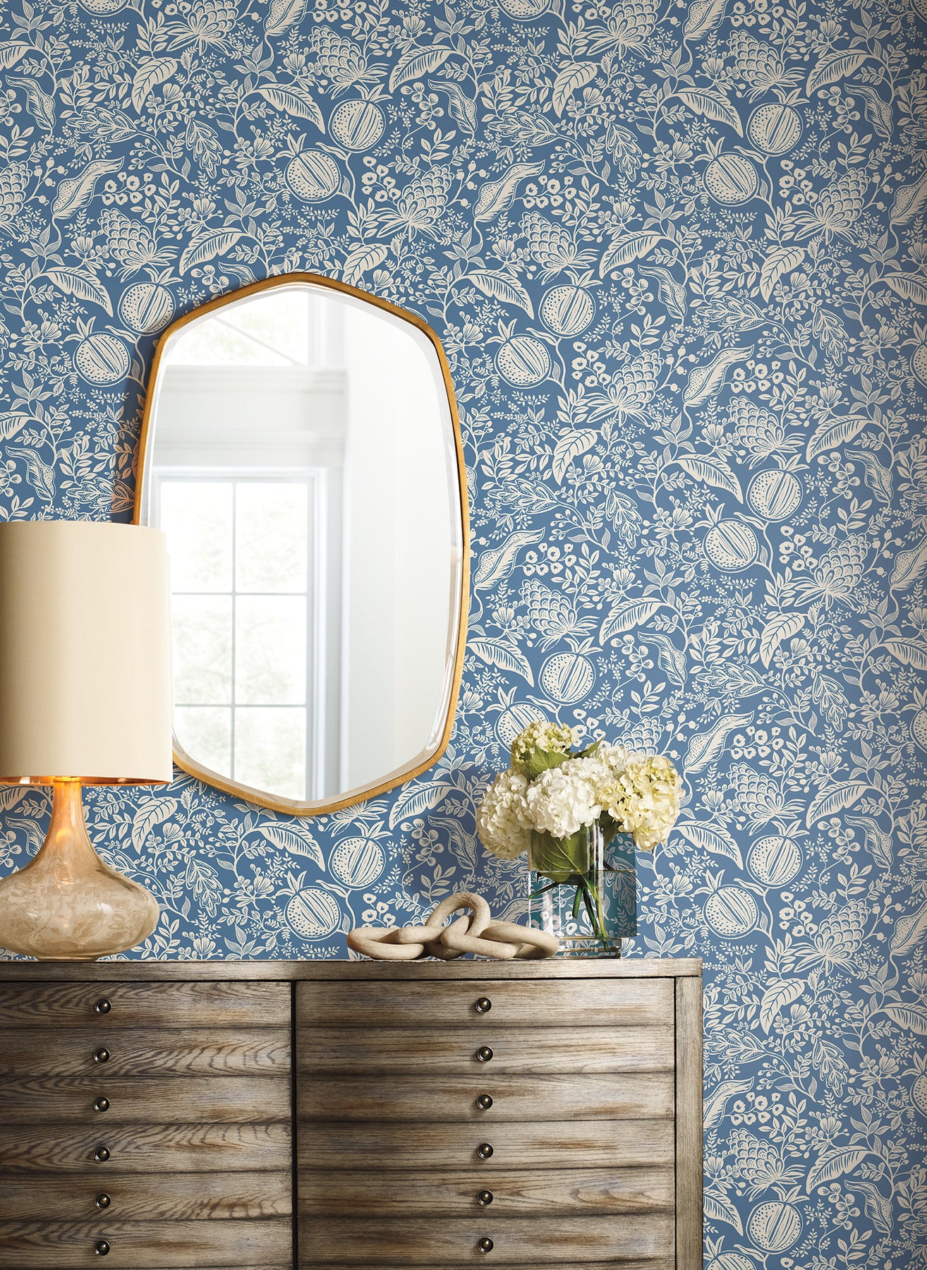 Pomegranate Peel and Stick wallpaper in blue &amp; ivory color - pattern number PSW1631RL - by Rifle Paper Co in the Rifle Paper Co Fourth Edition Peel and Stick Wallpaper collection