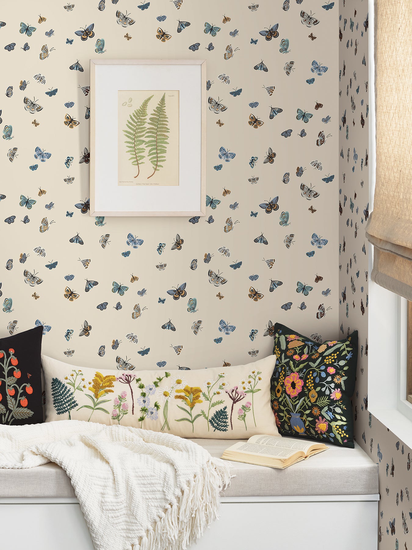 Butterfly House Peel and Stick wallpaper in linen color - pattern number PSW1649RL - by Rifle Paper Co in the Rifle Paper Co Fourth Edition Peel and Stick Wallpaper collection