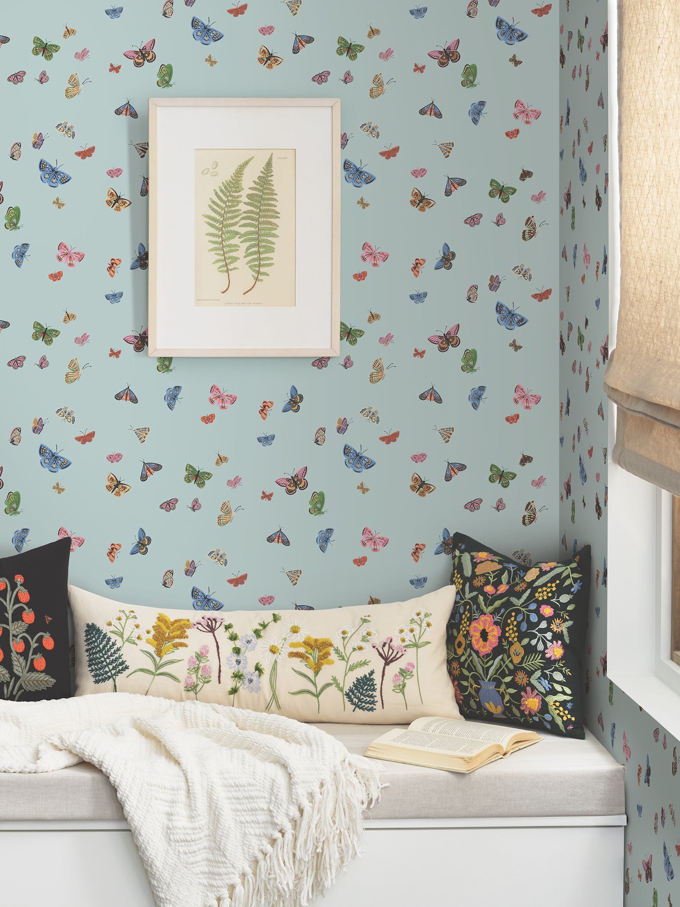 Butterfly House Peel and Stick wallpaper in light blue color - pattern number PSW1650RL - by Rifle Paper Co in the Rifle Paper Co Fourth Edition Peel and Stick Wallpaper collection