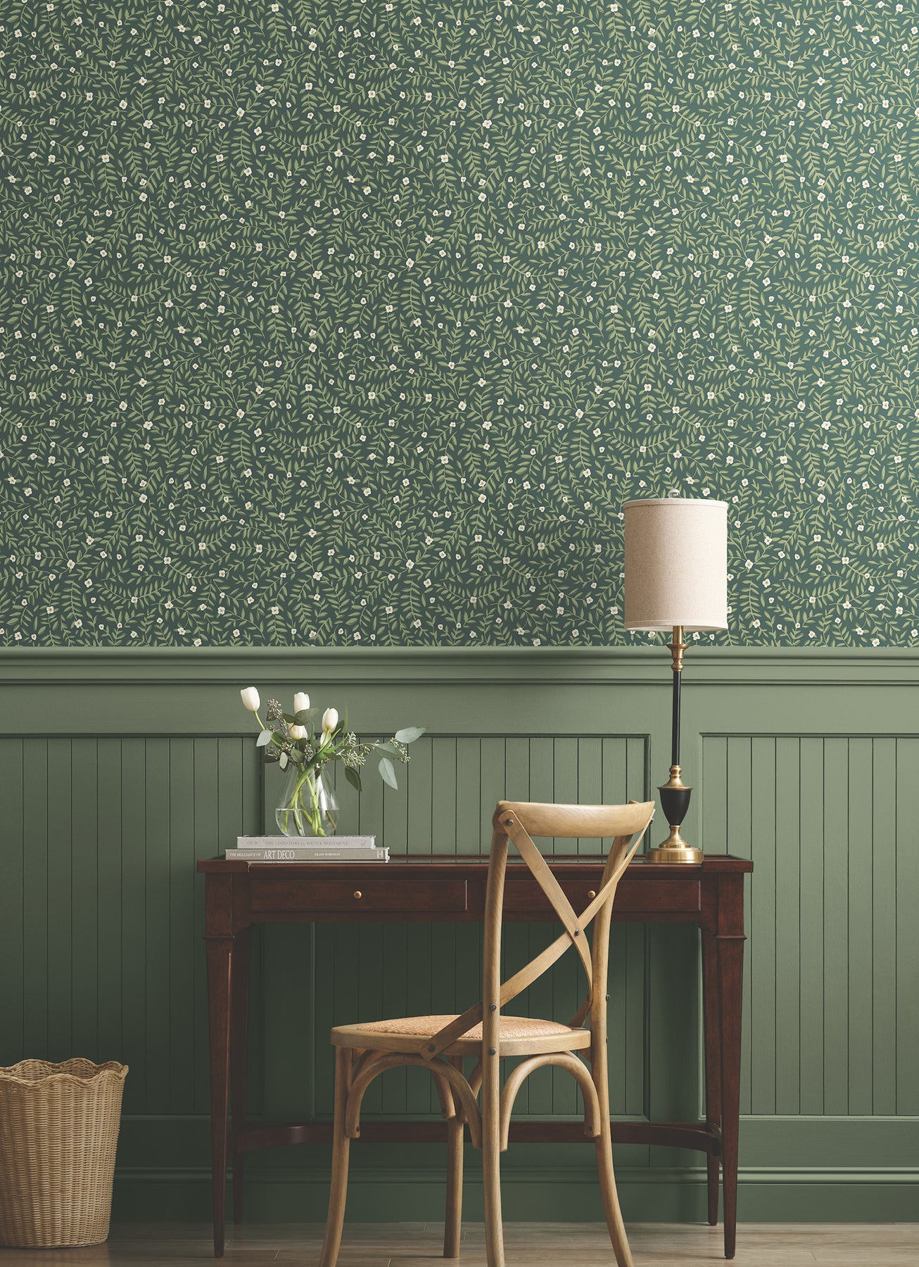 Elodie Petite Floral Peel and Stick wallpaper in evergreen metallic color - pattern number PSW1674RL - by Rifle Paper Co in the Rifle Paper Co Fifth Edition Peel and Stick Wallpaper collection