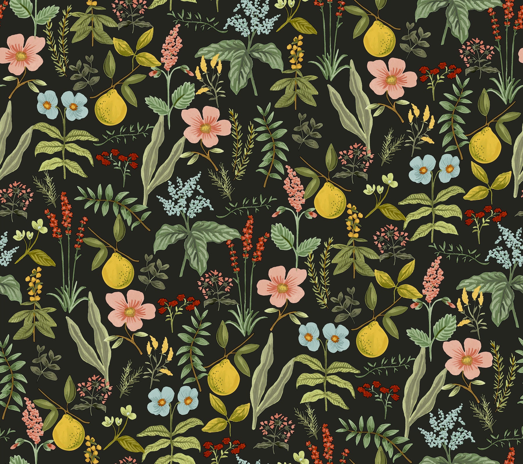 Herb Garden Botanical Peel and Stick wallpaper in black color - pattern number PSW1676RL - by Rifle Paper Co in the Rifle Paper Co Fifth Edition Peel and Stick Wallpaper collection