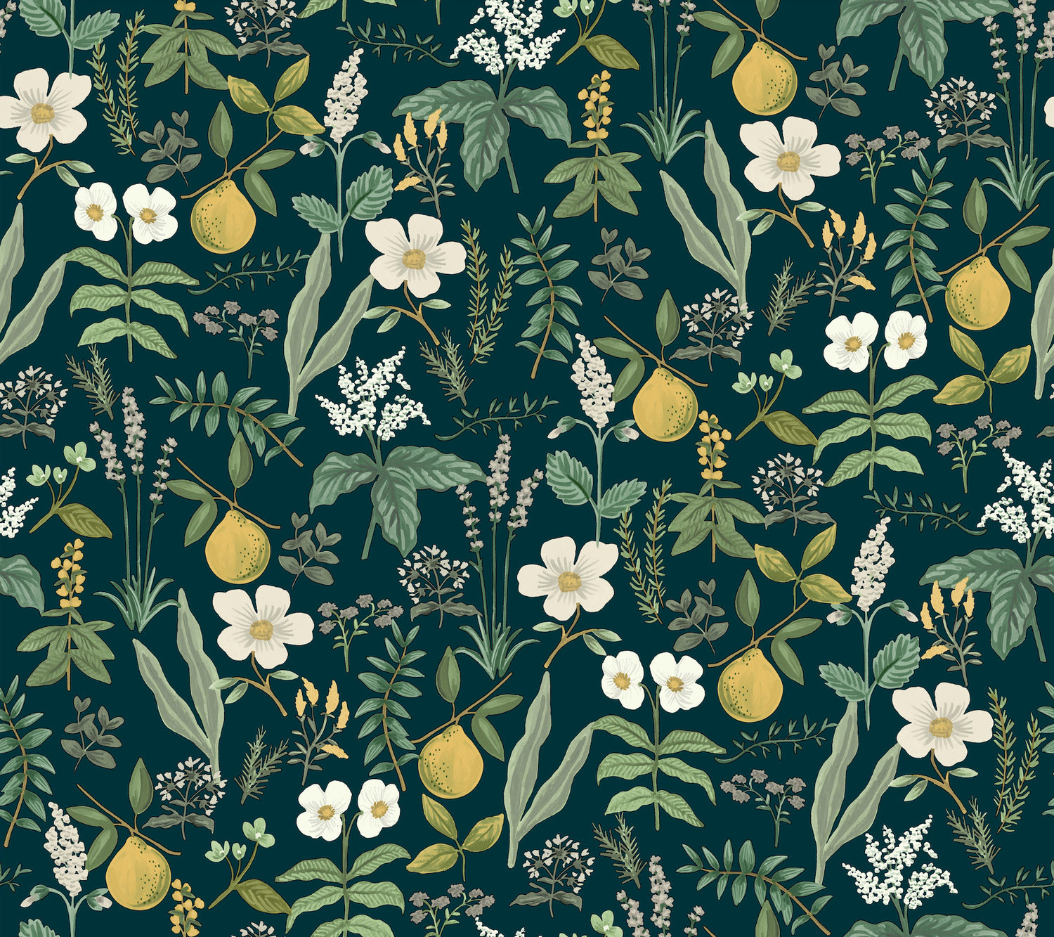 Herb Garden Botanical Peel and Stick wallpaper in navy color - pattern number PSW1677RL - by Rifle Paper Co in the Rifle Paper Co Fifth Edition Peel and Stick Wallpaper collection