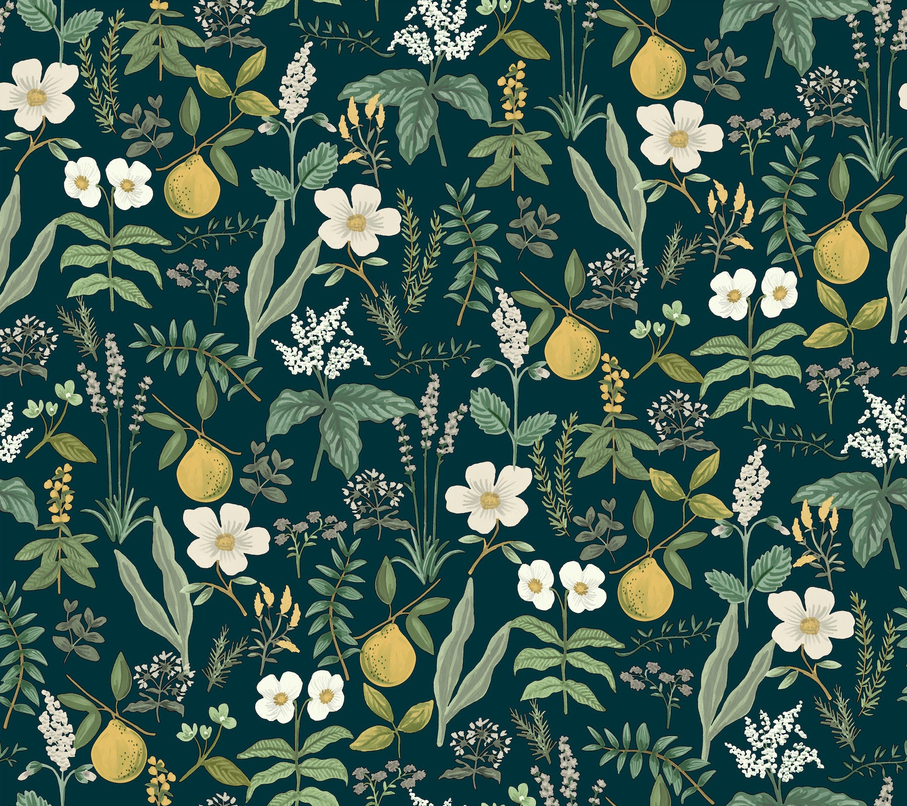 Herb Garden Botanical Peel and Stick wallpaper in navy color - pattern number PSW1677RL - by Rifle Paper Co in the Rifle Paper Co Fifth Edition Peel and Stick Wallpaper collection