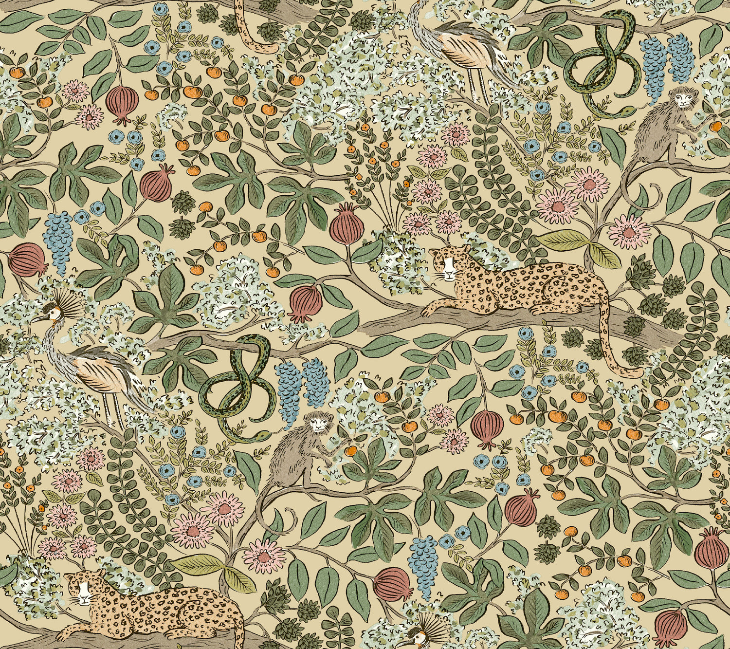 Safari Jungle Toile Peel and Stick wallpaper in beige color - pattern number PSW1679RL - by Rifle Paper Co in the Rifle Paper Co Fifth Edition Peel and Stick Wallpaper collection