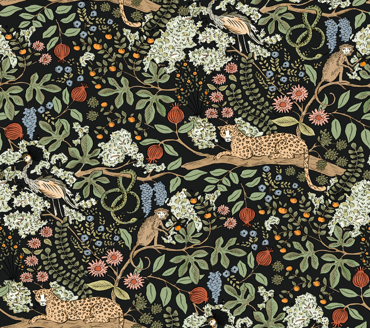 Safari Jungle Toile Peel and Stick wallpaper in black color - pattern number PSW1680RL - by Rifle Paper Co in the Rifle Paper Co Fifth Edition Peel and Stick Wallpaper collection