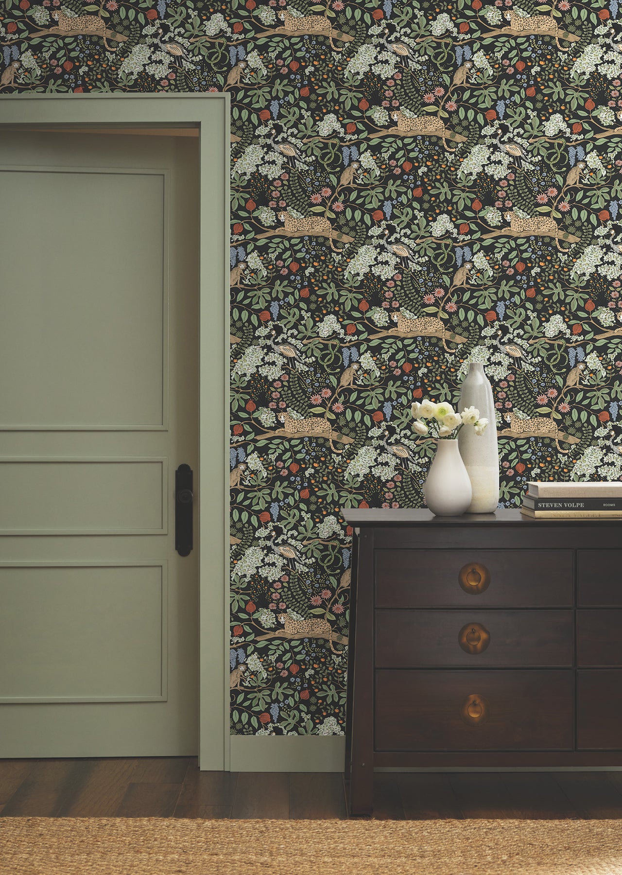 Safari Jungle Toile Peel and Stick wallpaper in black color - pattern number PSW1680RL - by Rifle Paper Co in the Rifle Paper Co Fifth Edition Peel and Stick Wallpaper collection