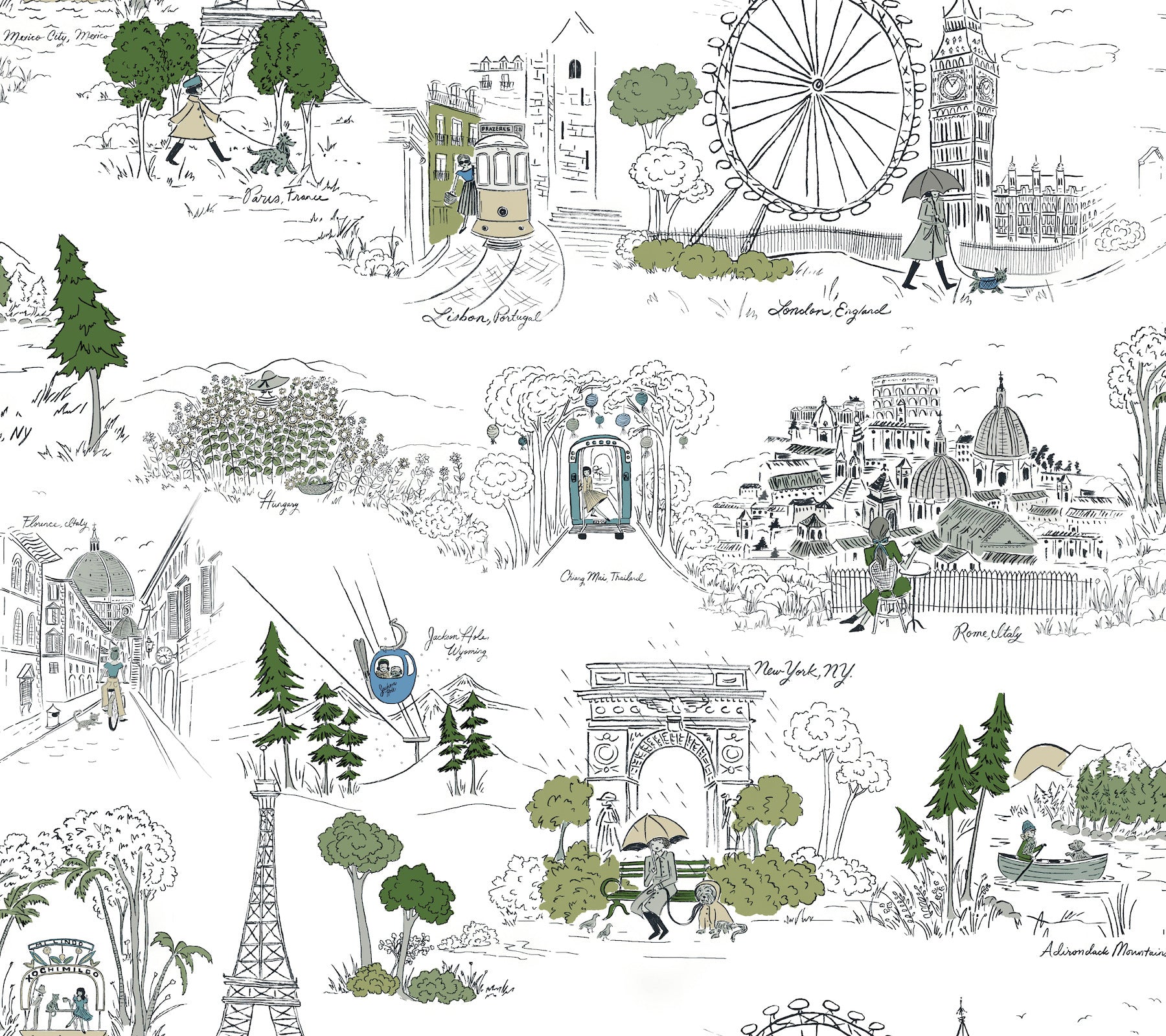 Travel Sketches Globetrotter Peel and Stick wallpaper in blue color - pattern number PSW1682RL - by Rifle Paper Co in the Rifle Paper Co Fifth Edition Peel and Stick Wallpaper collection