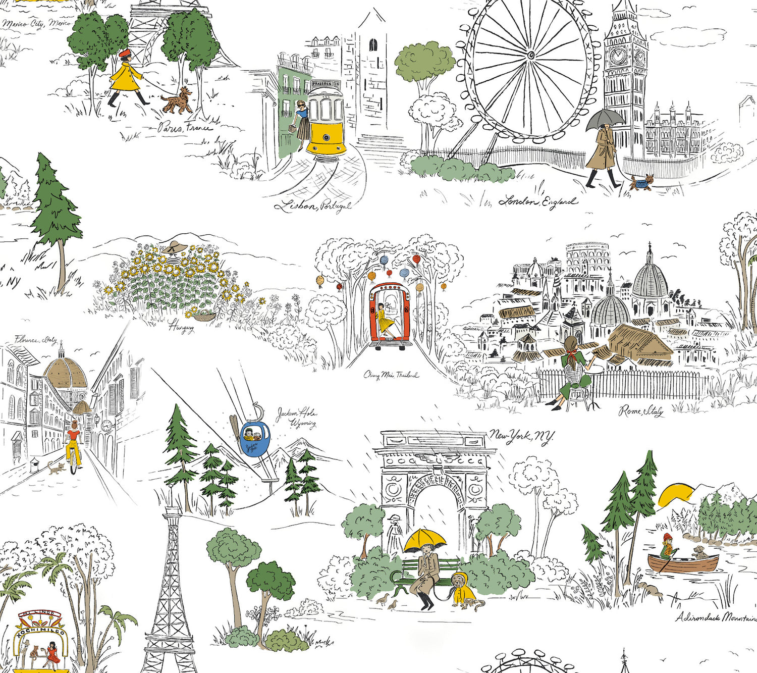 Travel Sketches Globetrotter Peel and Stick wallpaper in yellow color - pattern number PSW1683RL - by Rifle Paper Co in the Rifle Paper Co Fifth Edition Peel and Stick Wallpaper collection