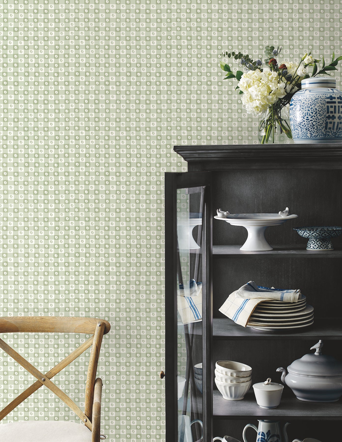 Daisy Gingham Floral Check Peel and Stick wallpaper in green color - pattern number PSW1694RL - by Rifle Paper Co in the Rifle Paper Co Fifth Edition Peel and Stick Wallpaper collection