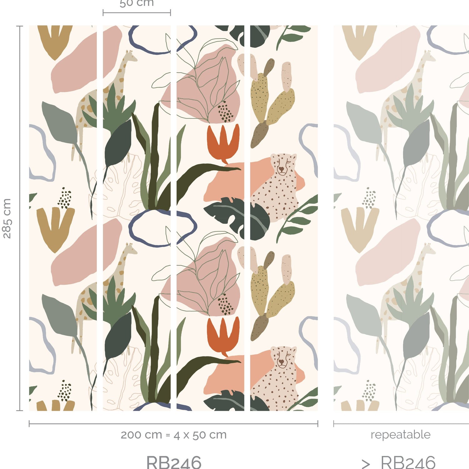 Safari 4 Panel Mural in pink color - pattern number RB246 - by Grandeco in the Day Dreamers collection