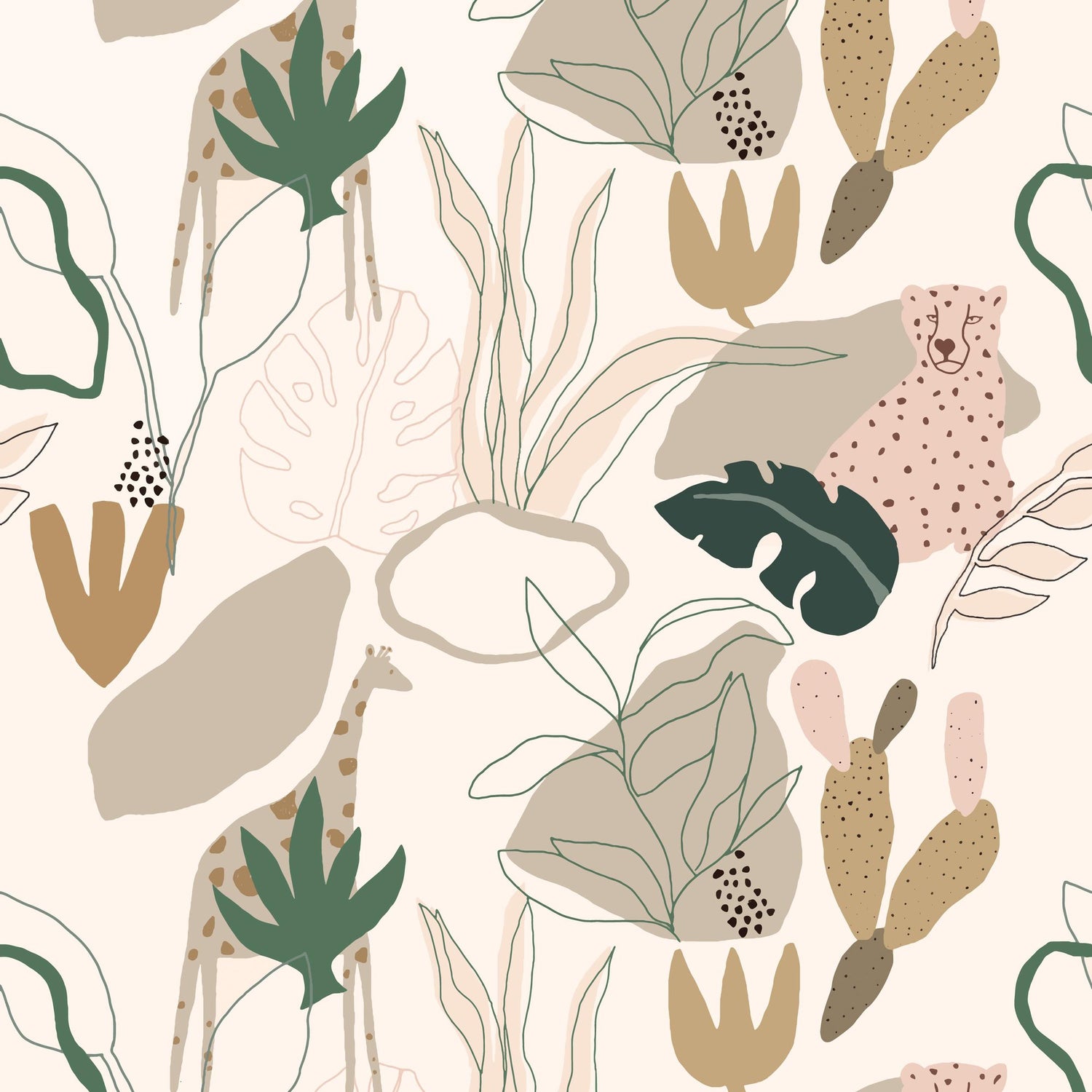 Safari 4 Panel Mural in beige color - pattern number RB247 - by Grandeco in the Day Dreamers collection