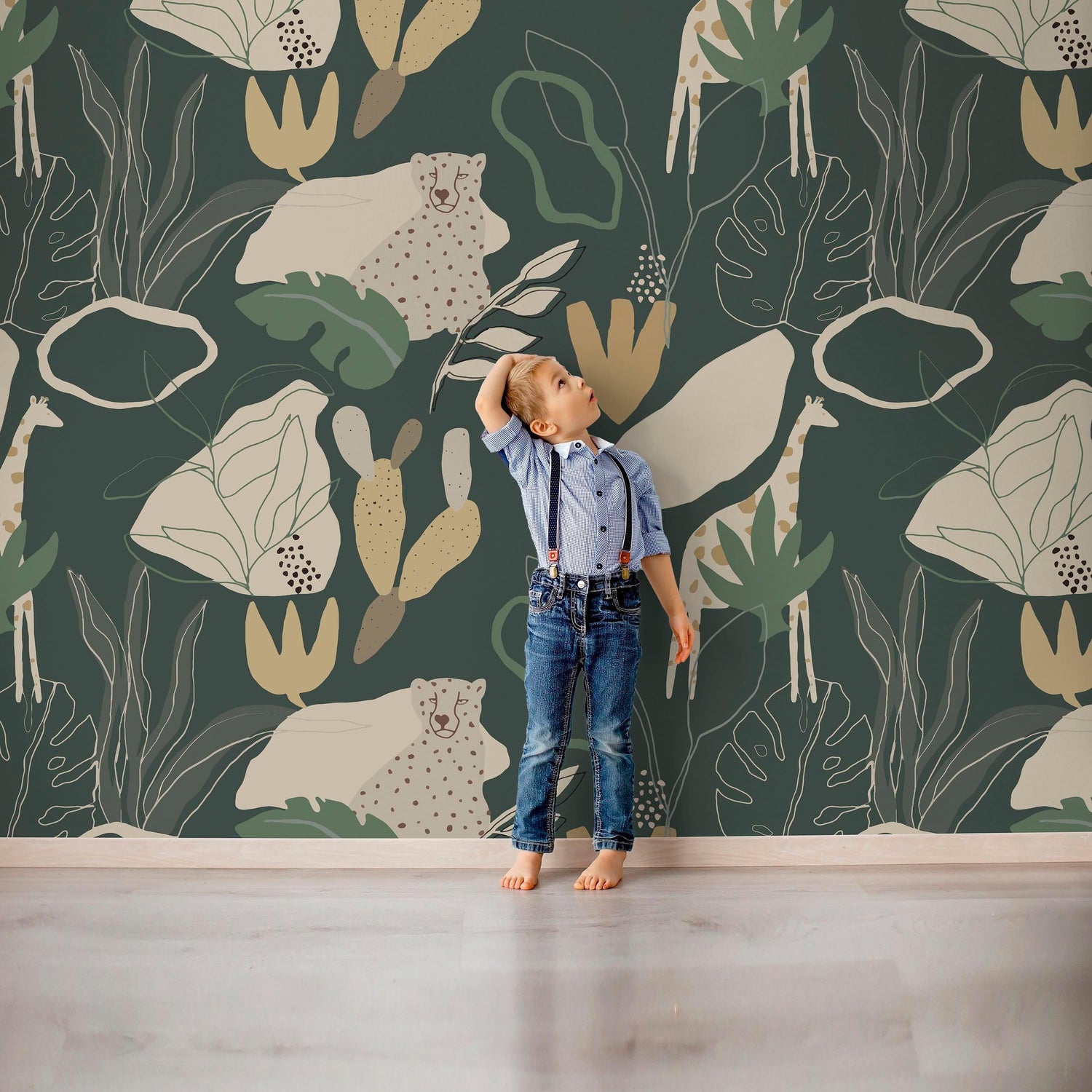Safari 4 Panel Mural in green color - pattern number RB248 - by Grandeco in the Day Dreamers collection