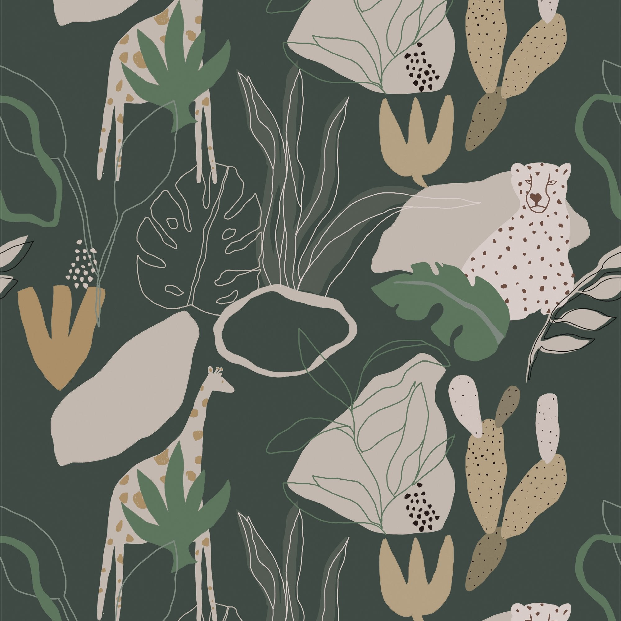 Safari 4 Panel Mural in green color - pattern number RB248 - by Grandeco in the Day Dreamers collection