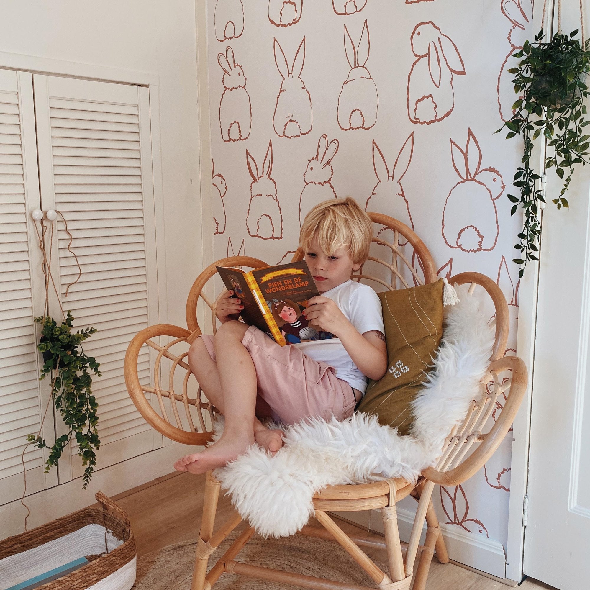 Bunnies 4 Panel Mural in beige color - pattern number RB306 - by Grandeco in the Day Dreamers collection