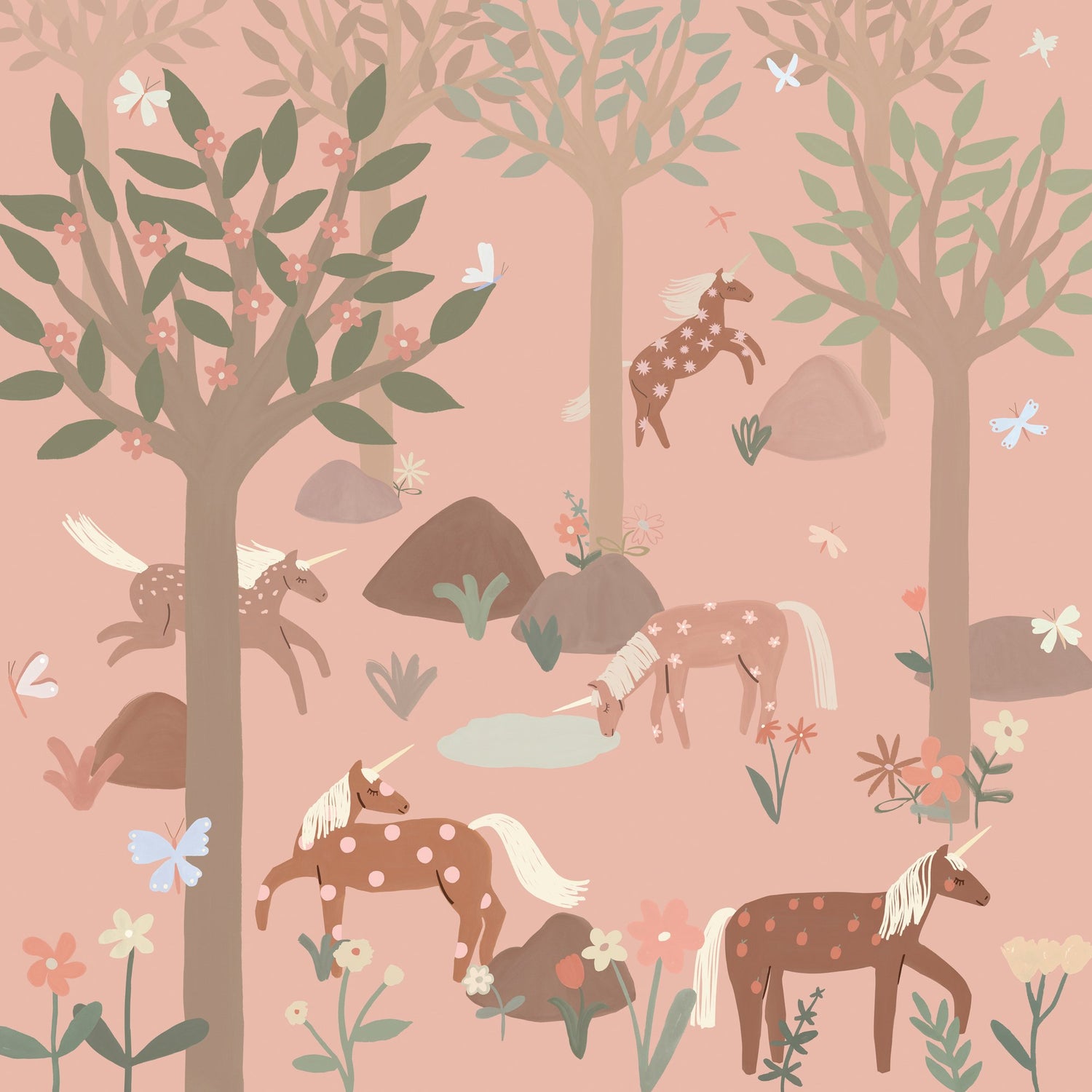 Unicorn 6 Panel Mural in pink color - pattern number RB351 - by Grandeco in the Day Dreamers collection