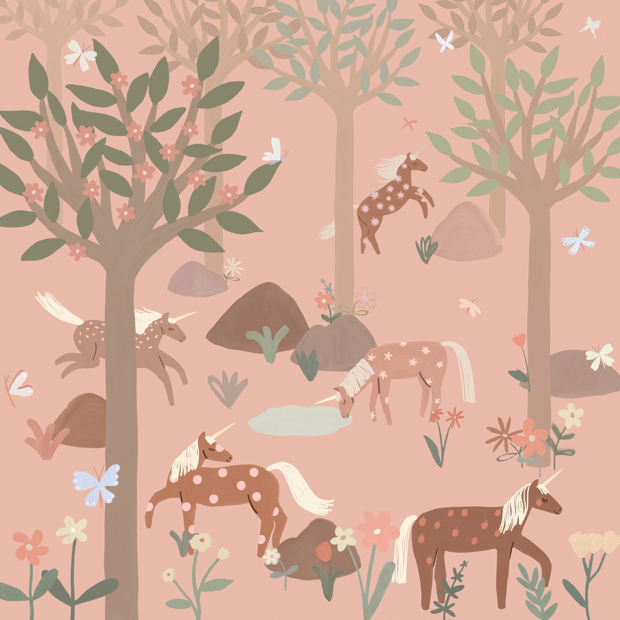 Unicorn 6 Panel Mural in pink color - pattern number RB351 - by Grandeco in the Day Dreamers collection
