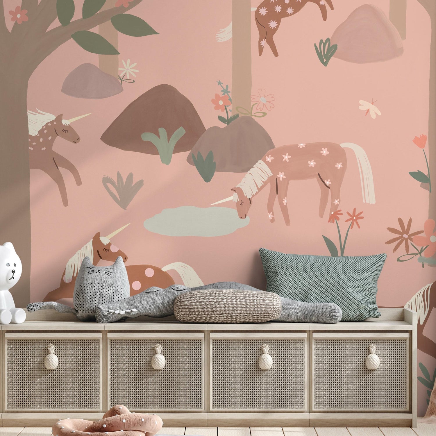 Unicorn 6 Panel Mural in pink color - pattern number RB351 - by Grandeco in the Day Dreamers collection