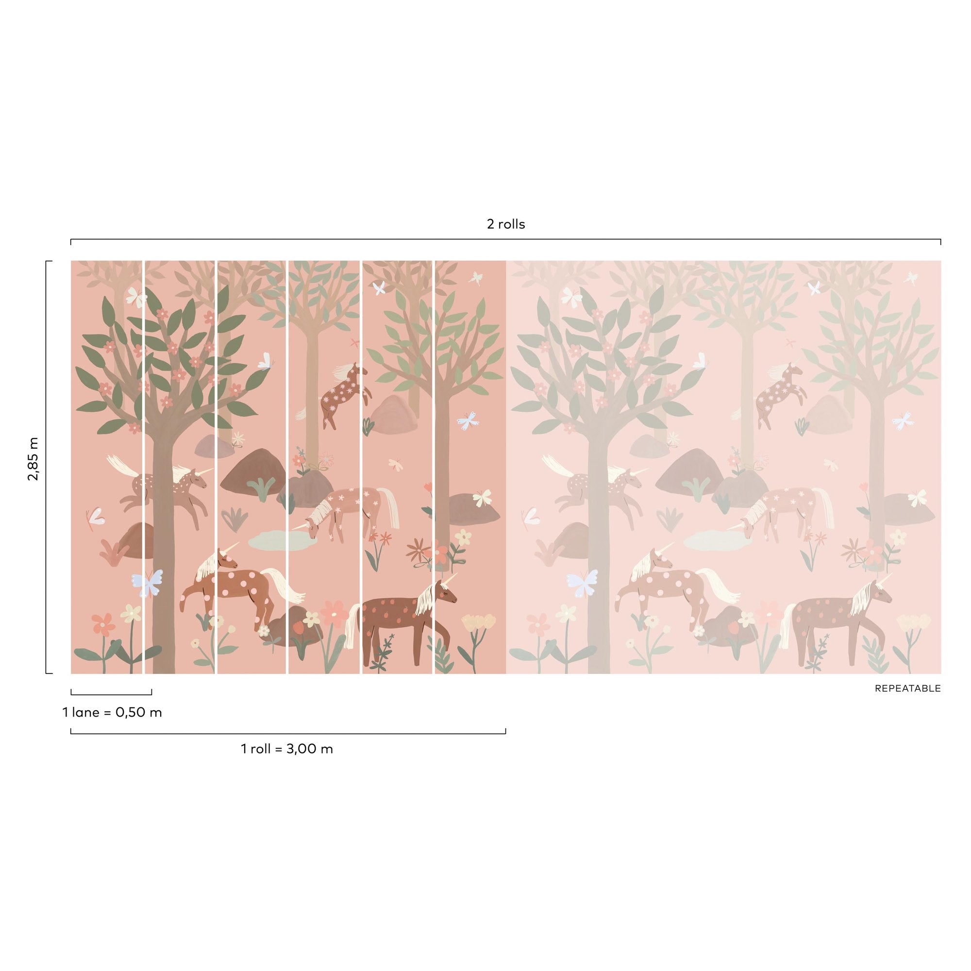 Unicorn 6 Panel Mural in pink color - pattern number RB351 - by Grandeco in the Day Dreamers collection