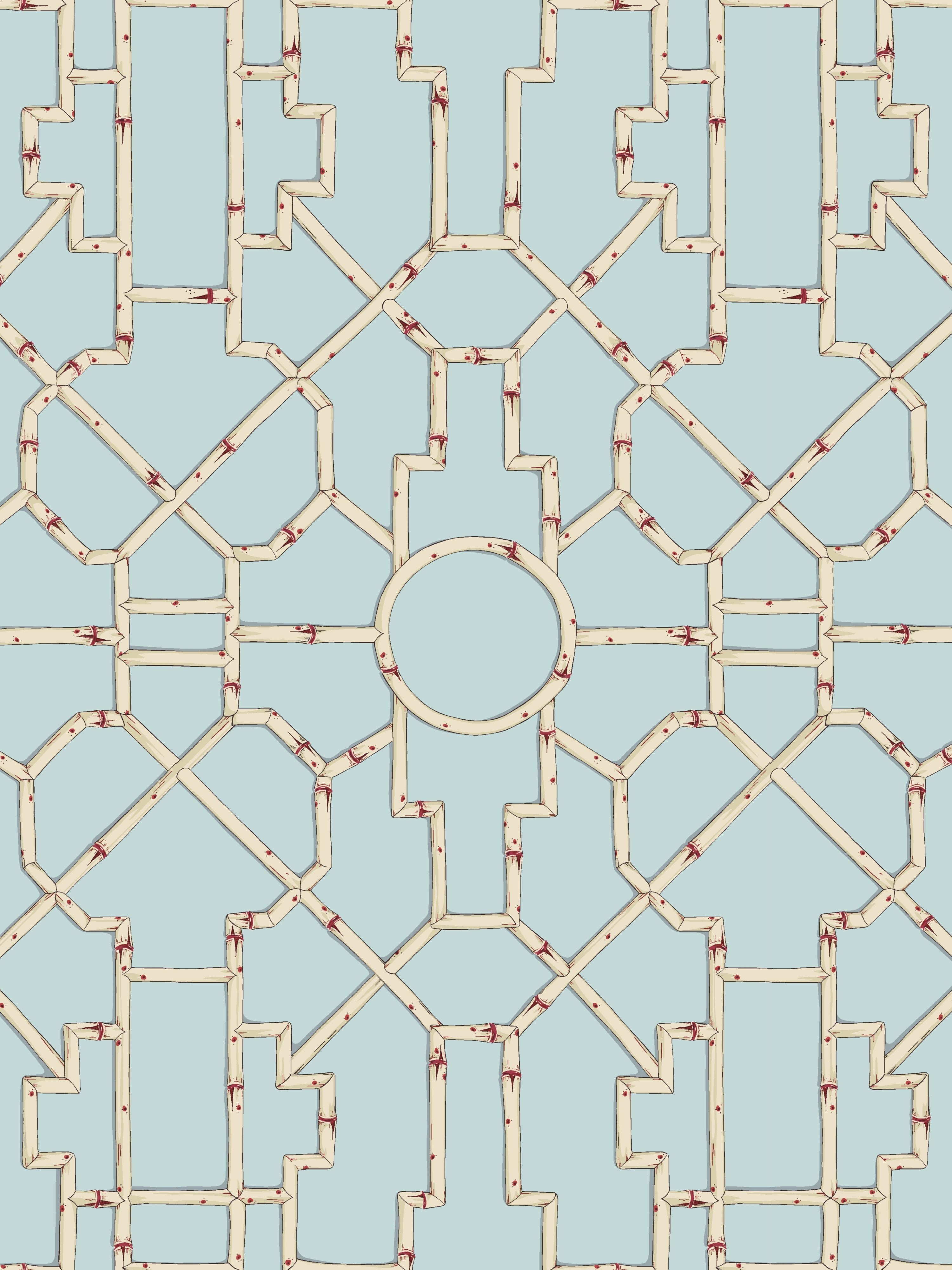 Baldwin Bamboo wallpaper in cream and red on aqua color - pattern number SC 0004WP81630 - by Scalamandre in the  collection