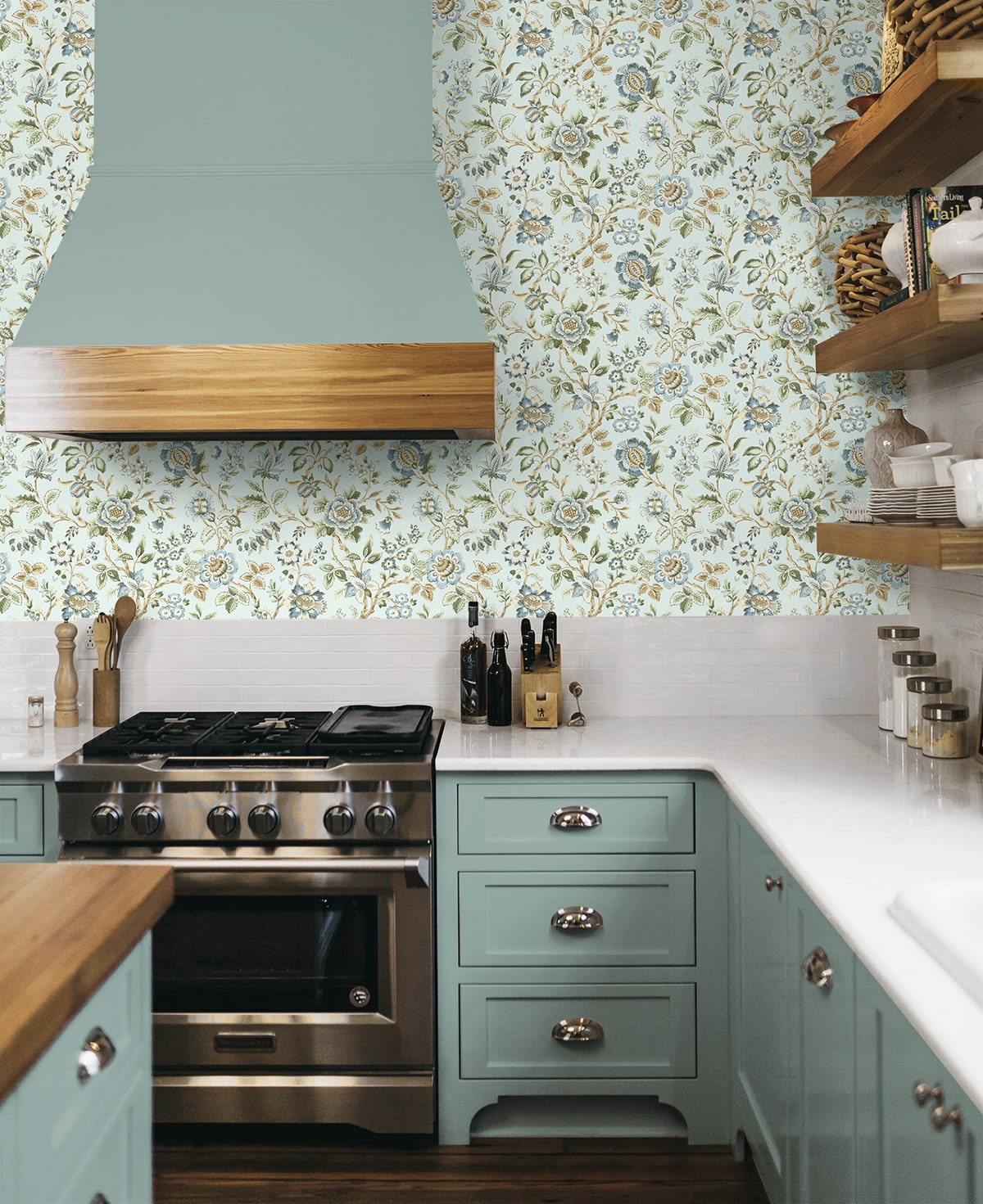 Jacobean Floral Trail Peel and Stick wallpaper in sea mist color - pattern number SG13004 - by NextWall in the Peel and Stick Wallpaper by Stacy Garcia Sojourn Collection 6 collection