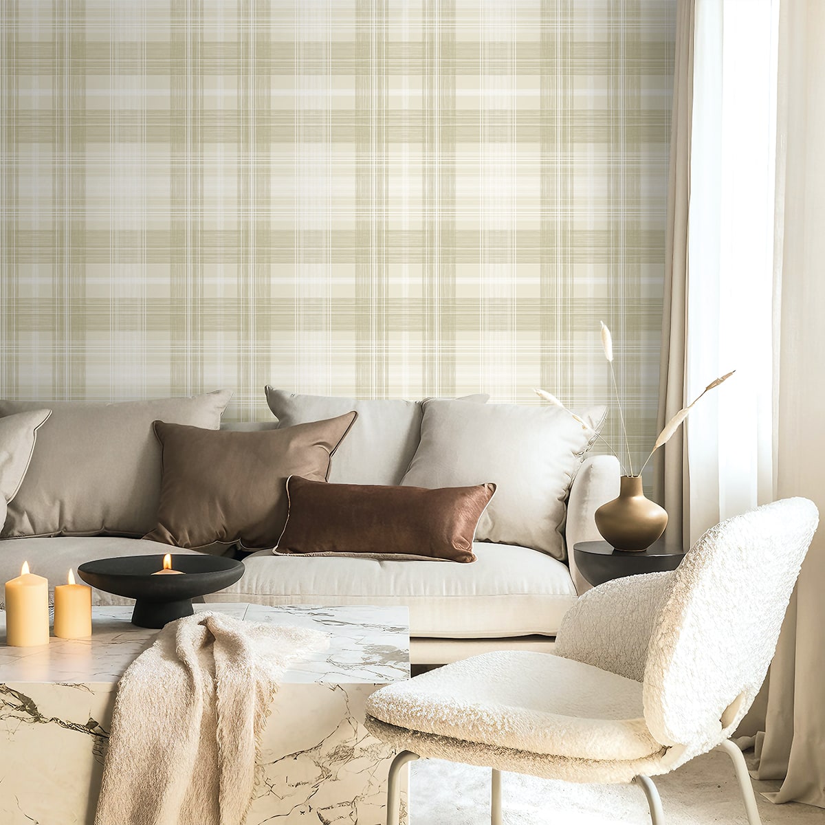 Crossroads Plaid Peel and Stick wallpaper in sand dollar color - pattern number SG13107 - by NextWall in the Peel and Stick Wallpaper by Stacy Garcia Sojourn Collection 6 collection