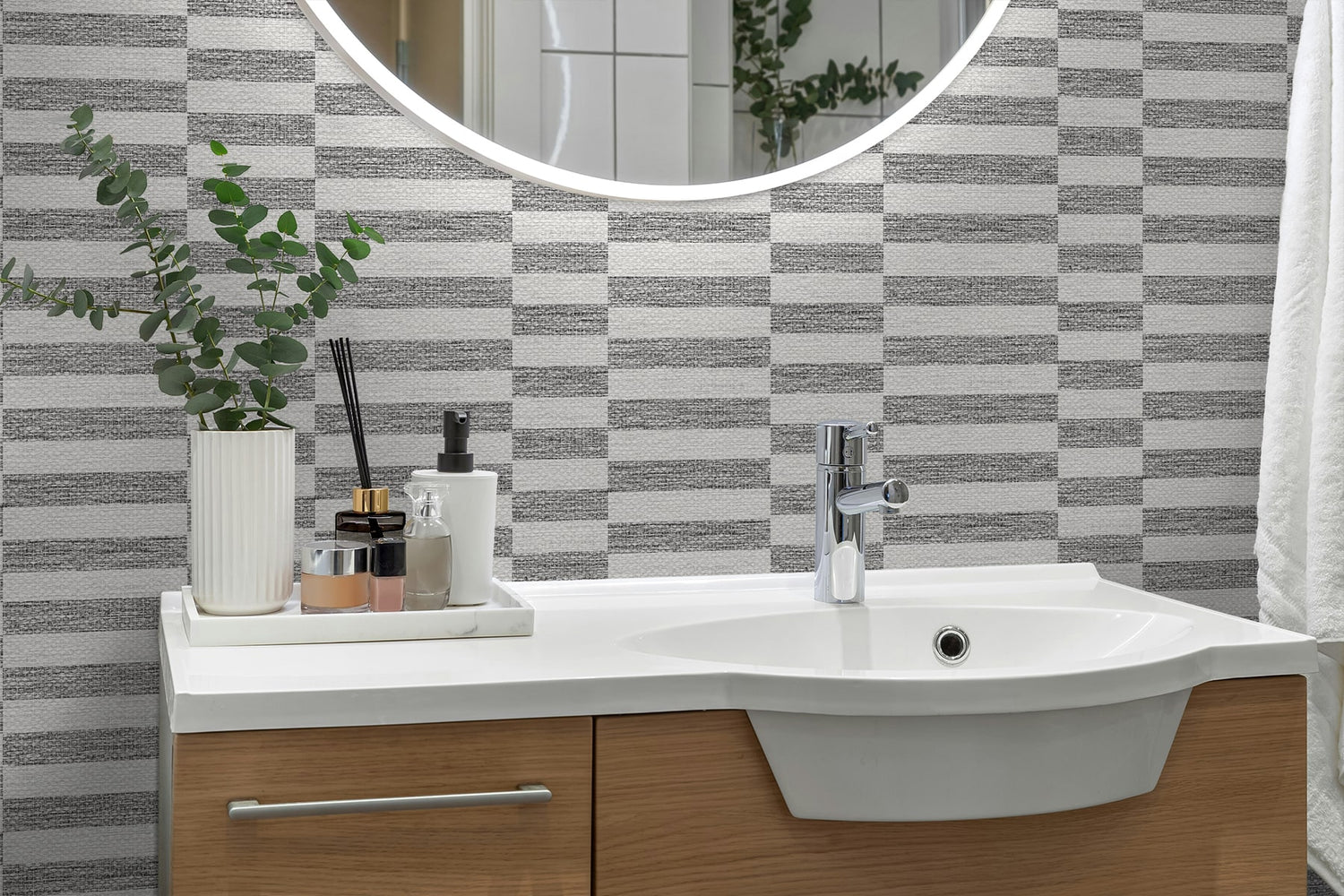 Faux Woven Stripe Peel and Stick wallpaper in iron mist color - pattern number SG13208 - by NextWall in the Peel and Stick Wallpaper by Stacy Garcia Sojourn Collection 6 collection