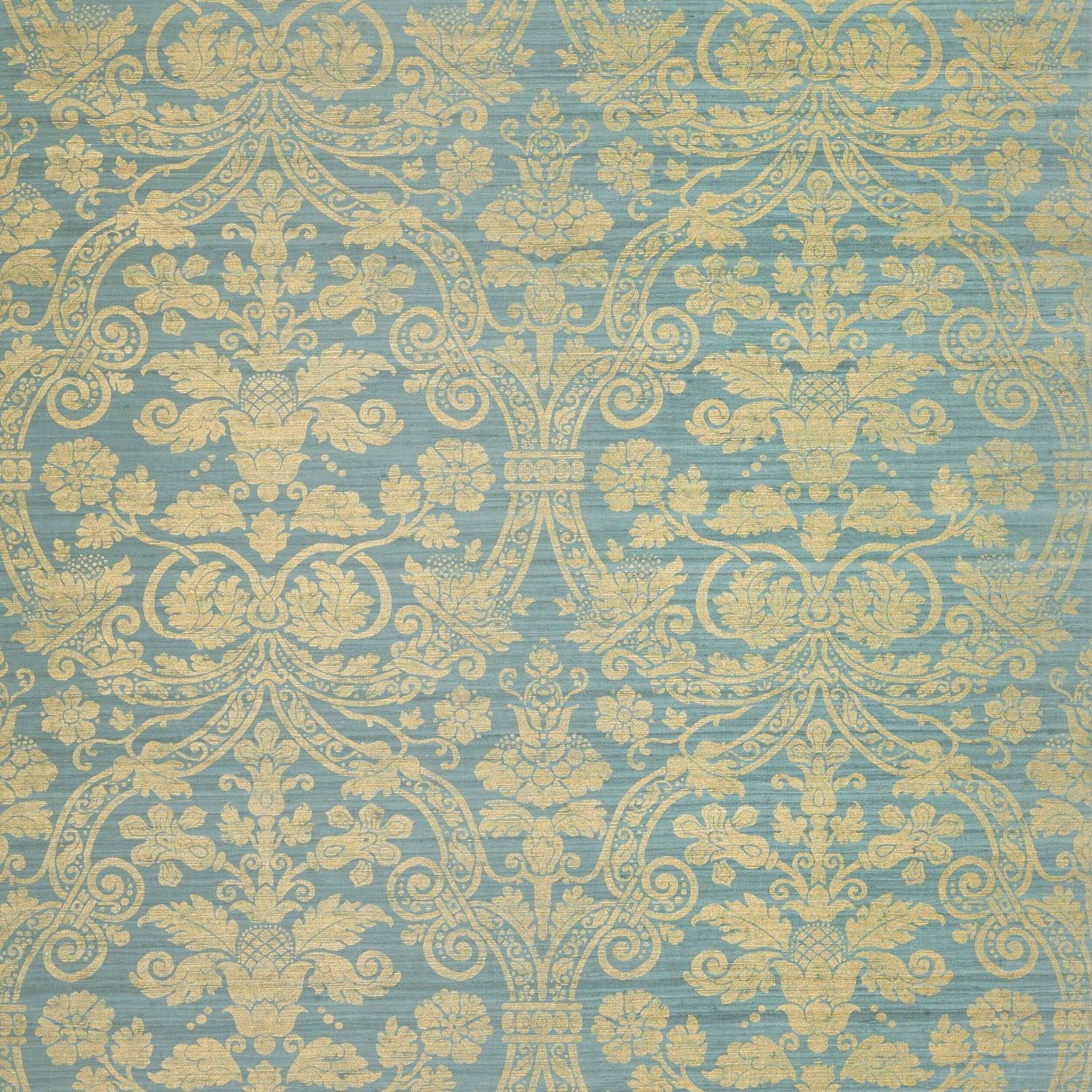 Curtis Silk Damask wallpaper in metallic gold on mineral blue color - pattern number T1006 - by Thibaut in the Menswear Resource collection