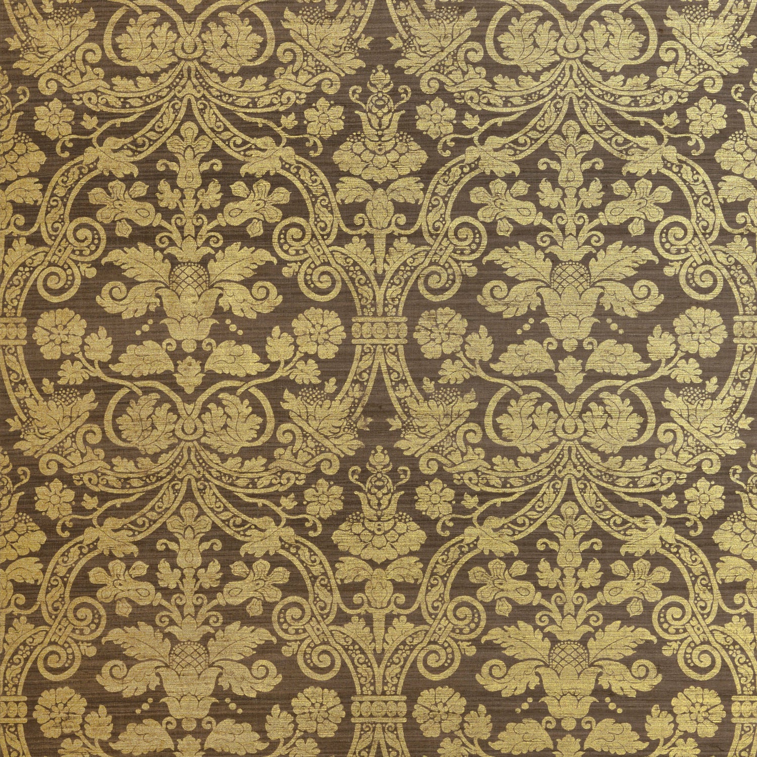 Curtis Silk Damask wallpaper in metallic gold on brown color - pattern number T1007 - by Thibaut in the Menswear Resource collection