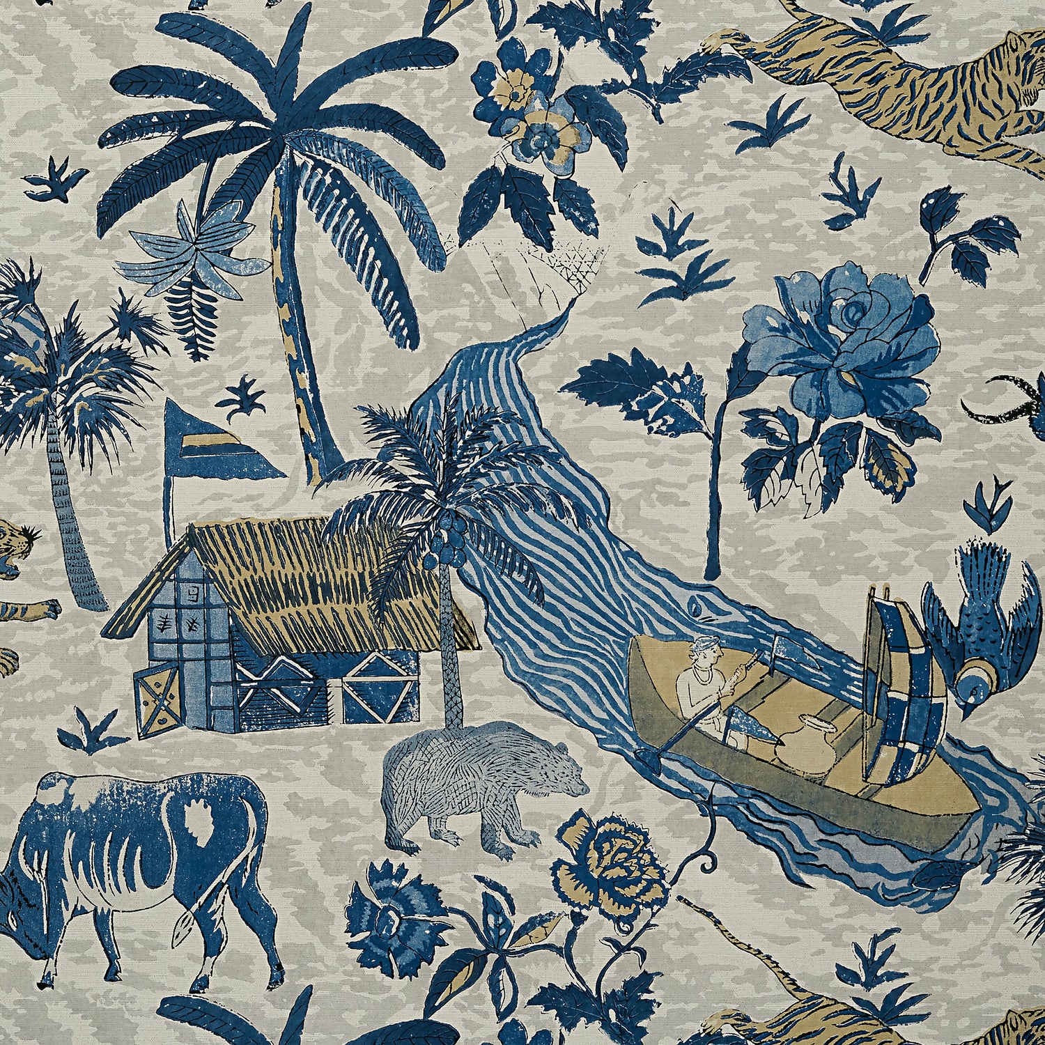 Tiger Reserve wallpaper in navy color - pattern number T10230 - by Thibaut in the Colony collection