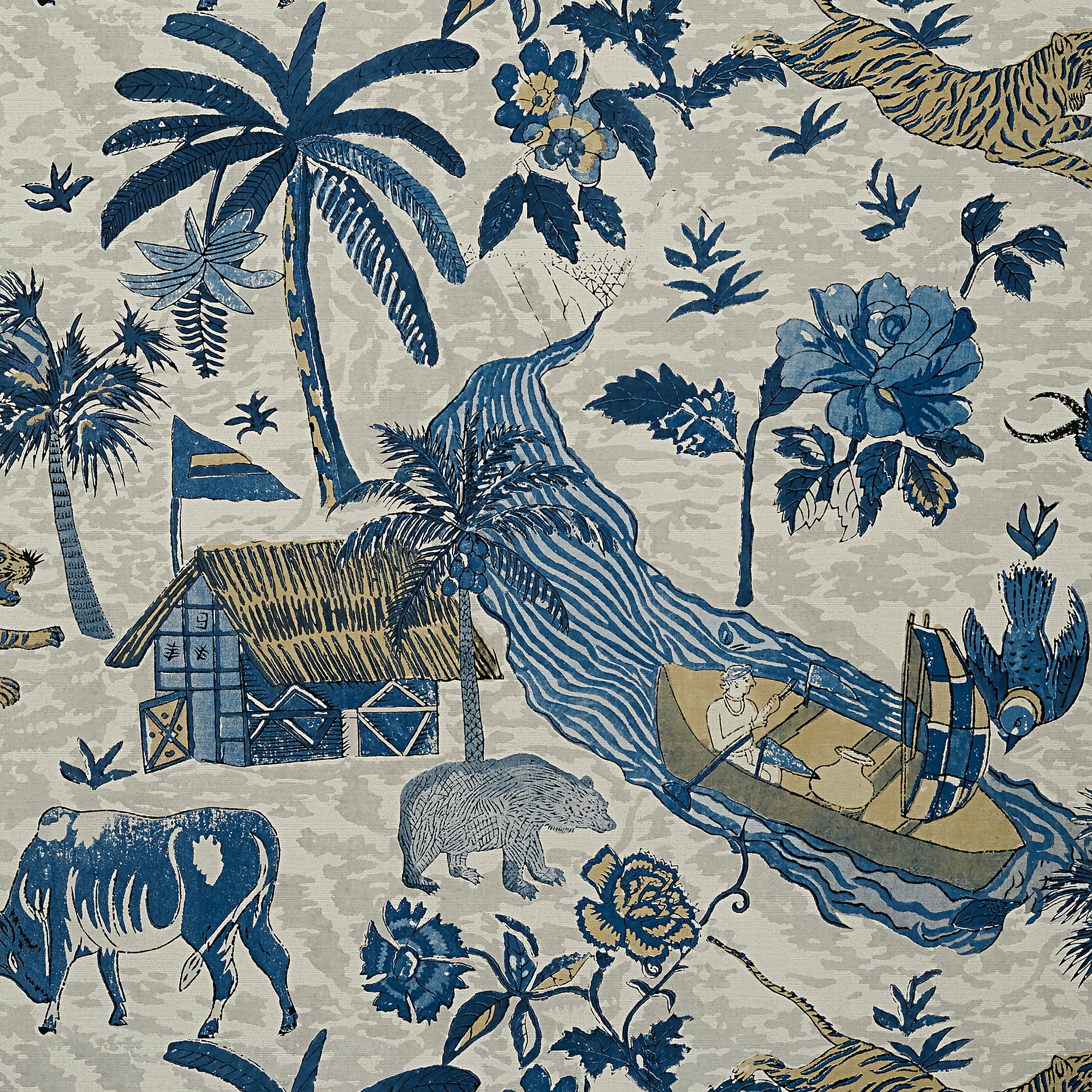 Tiger Reserve wallpaper in navy color - pattern number T10230 - by Thibaut in the Colony collection
