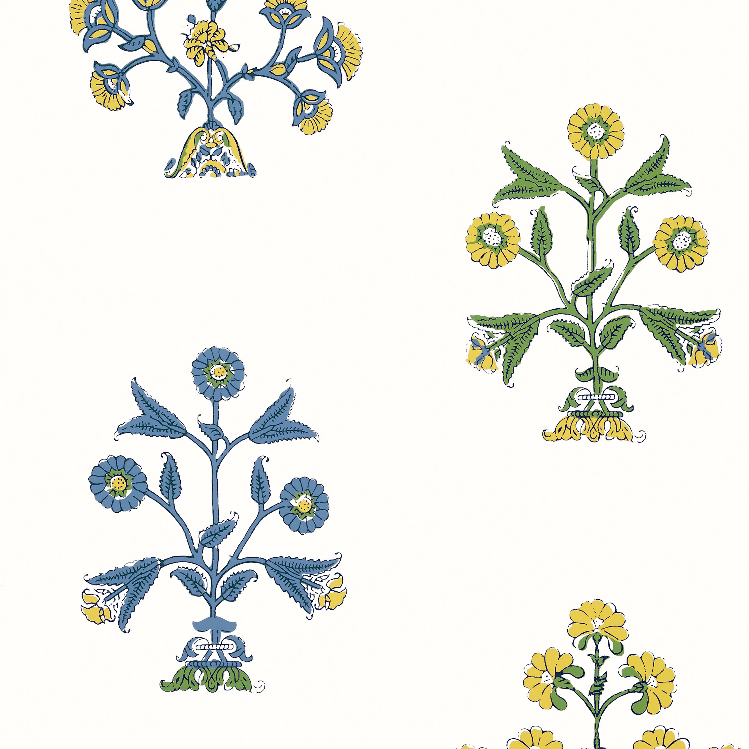 Indian Flower wallpaper in blue and yellow color - pattern number T10664 - by Thibaut in the Ceylon collection