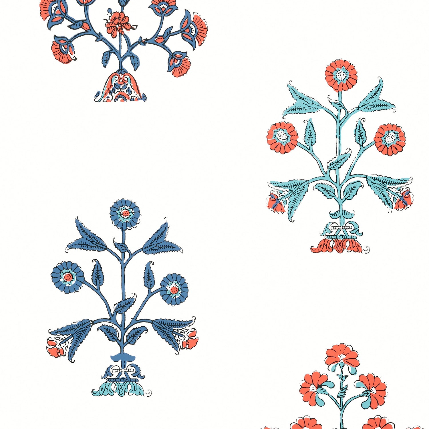Indian Flower wallpaper in coral and blue color - pattern number T10669 - by Thibaut in the Ceylon collection