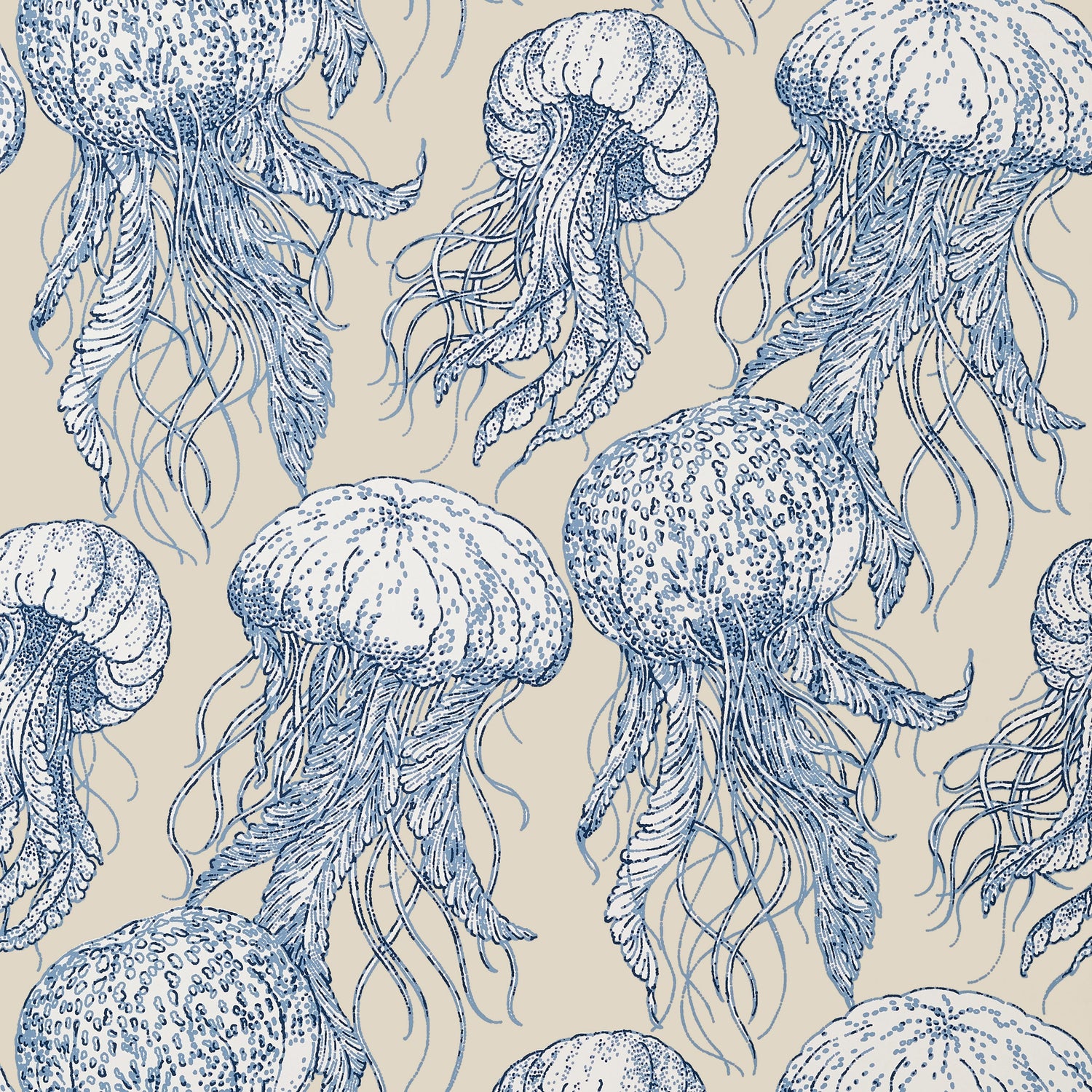 Jelly Fish Bloom wallpaper in blue and beige color - pattern number T13168 - by Thibaut in the Summer House collection