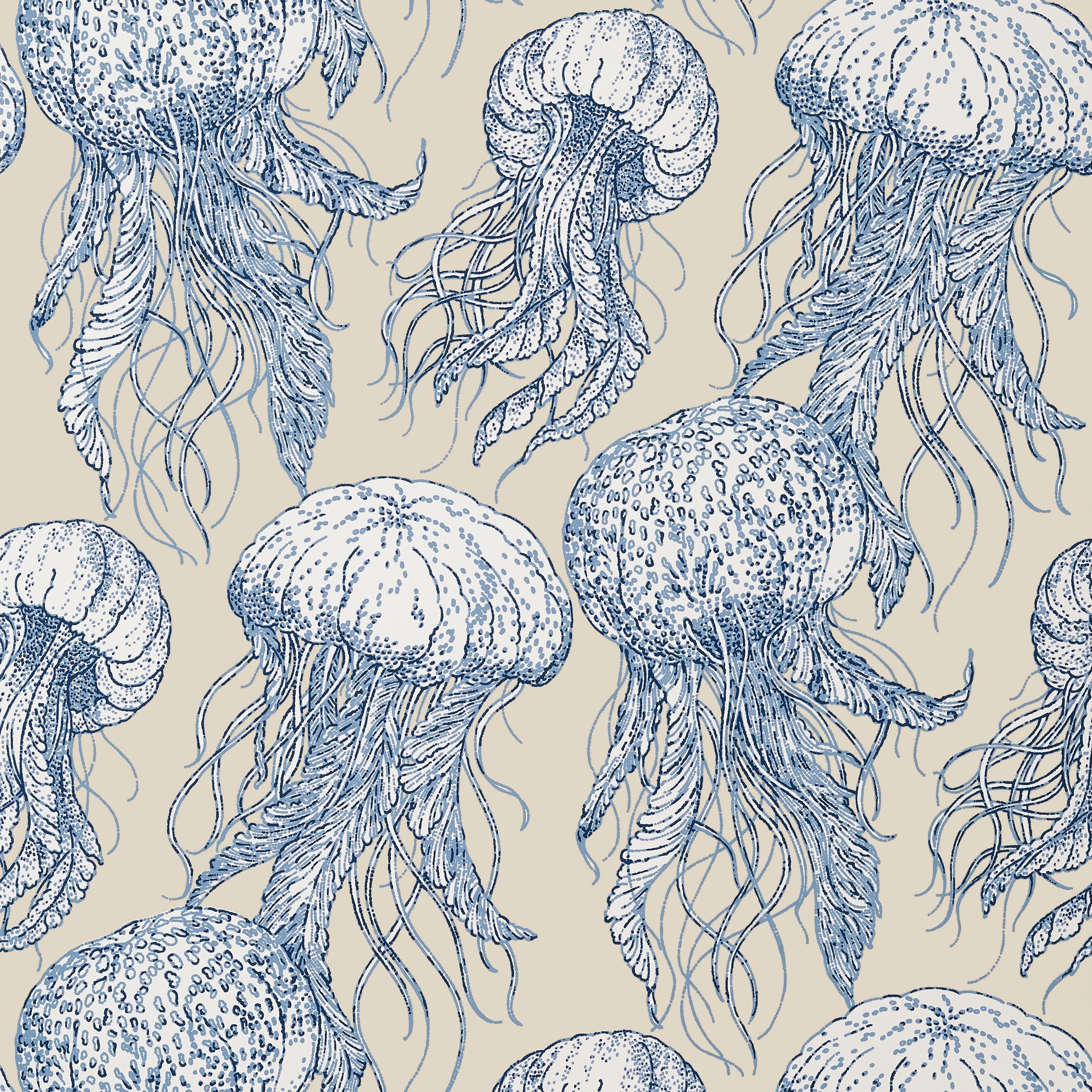 Jelly Fish Bloom wallpaper in blue and beige color - pattern number T13168 - by Thibaut in the Summer House collection