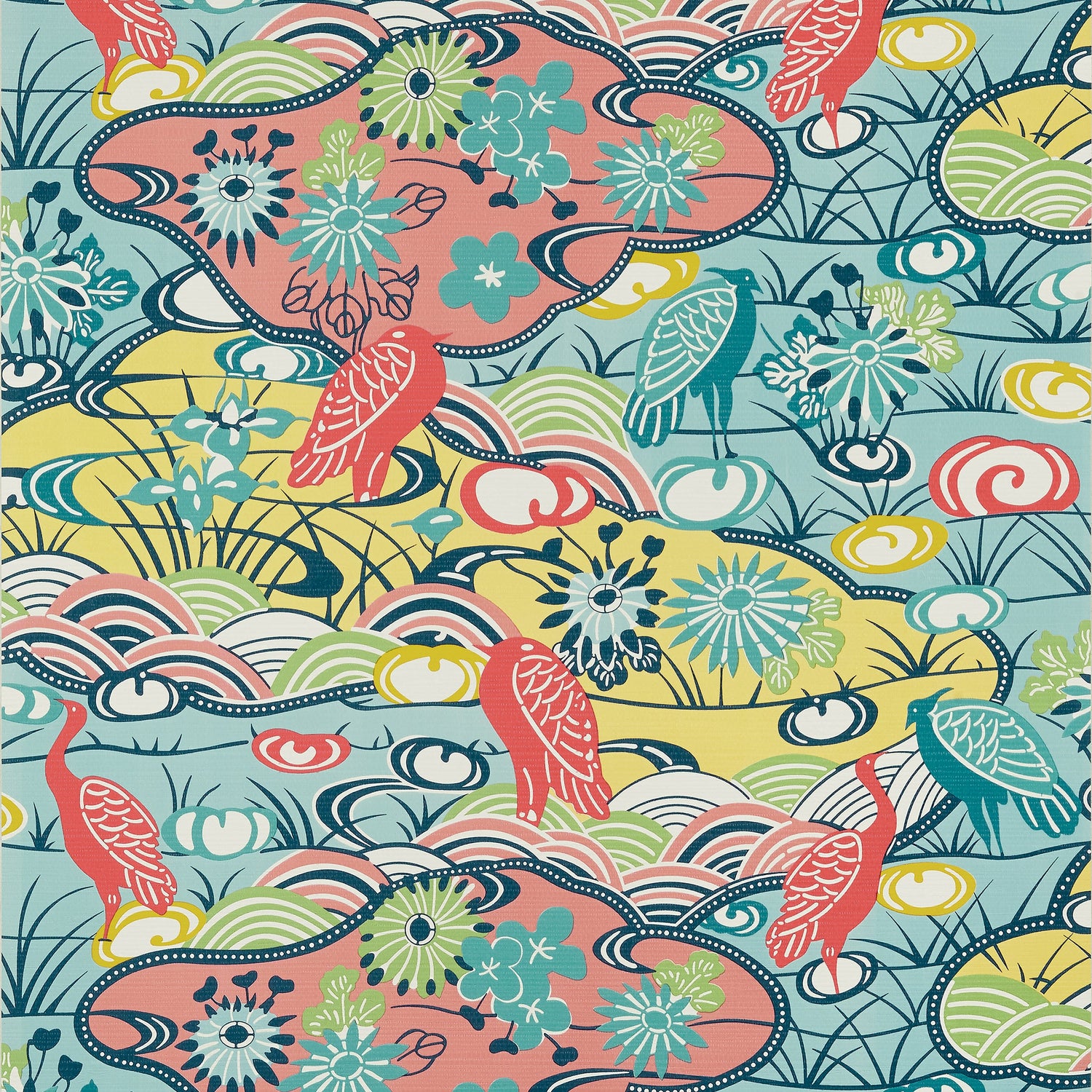 Heron Stream wallpaper in coral and aqua color - pattern number T13331 - by Thibaut in the Pavilion collection