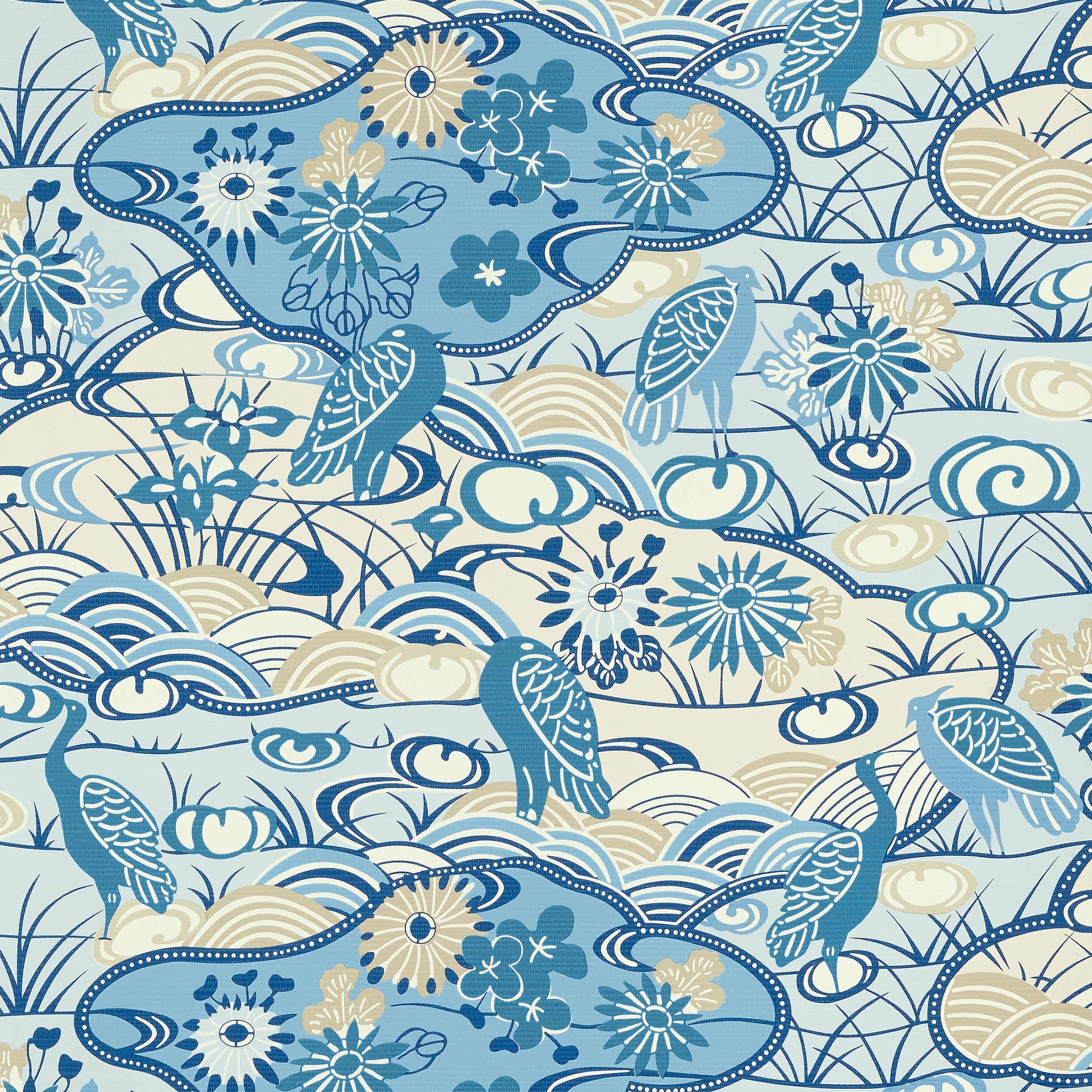 Heron Stream wallpaper in blue color - pattern number T13332 - by Thibaut in the Pavilion collection