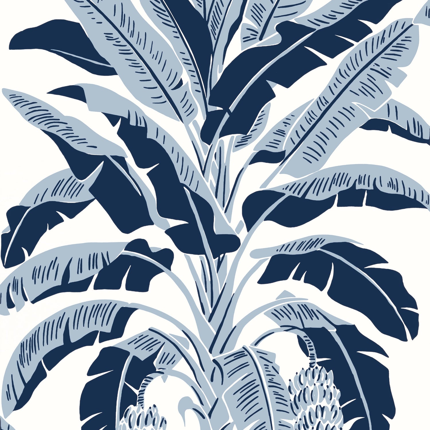Banana Tree fabric in navy color - pattern number T13915 - by Thibaut in the Palm Grove collection