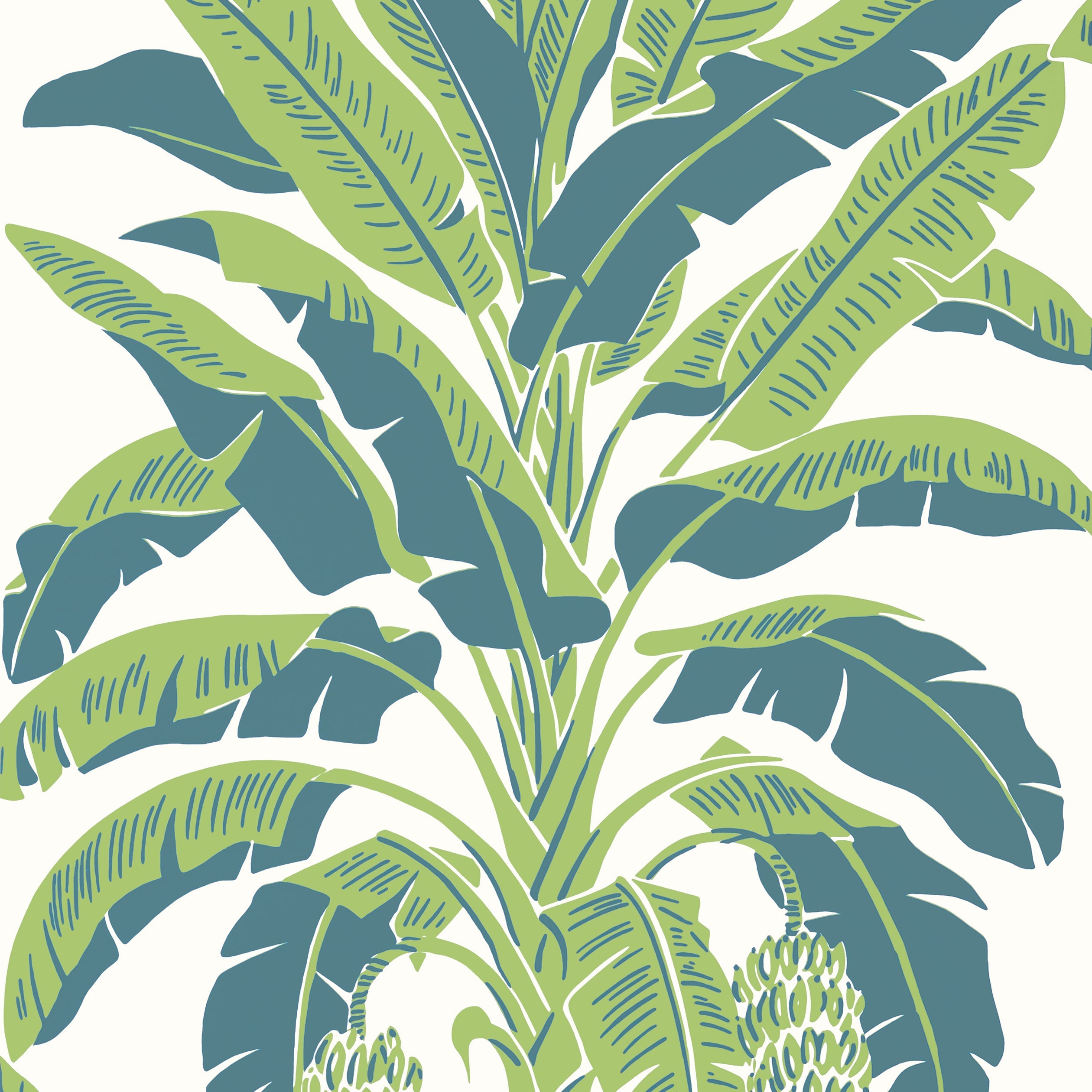 Banana Tree fabric in green and blue color - pattern number T13918 - by Thibaut in the Palm Grove collection