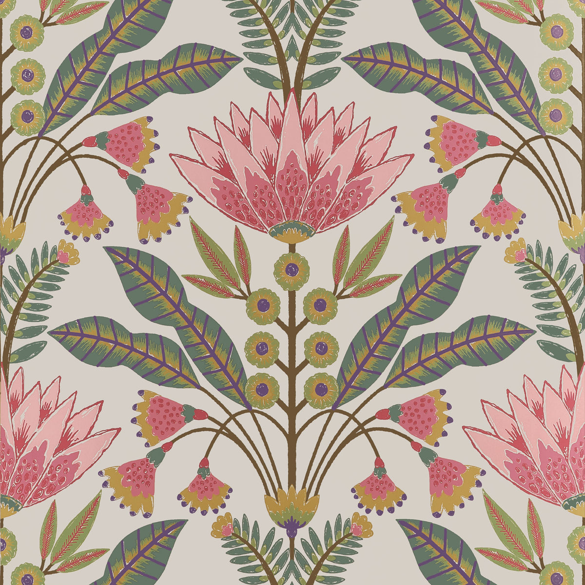 Lotus Wallpaper in Cranberry and Green color - pattern number T14606 - by Thibaut in the Fairhaven collection