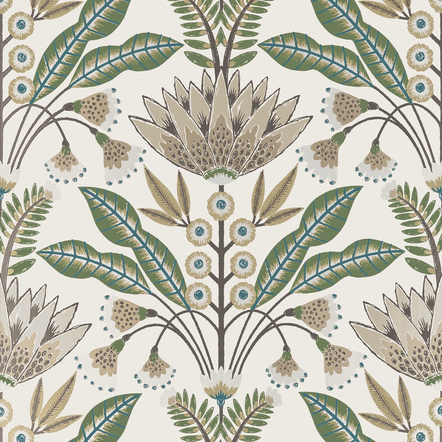 Lotus Wallpaper in Green and Beige color - pattern number T14610 - by Thibaut in the Fairhaven collection